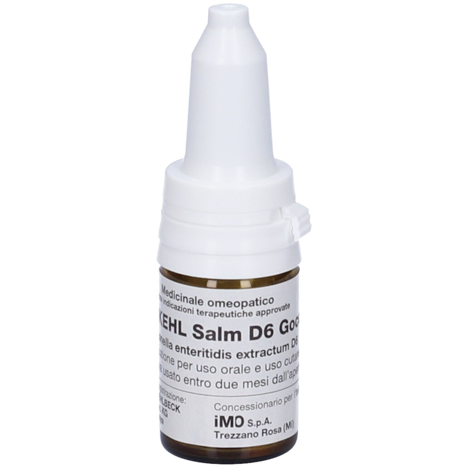 Flacone di vetro marrone con tappo bianco. Scritta: Sanukehl Salm D6 Gocce. Gocce medicinali.