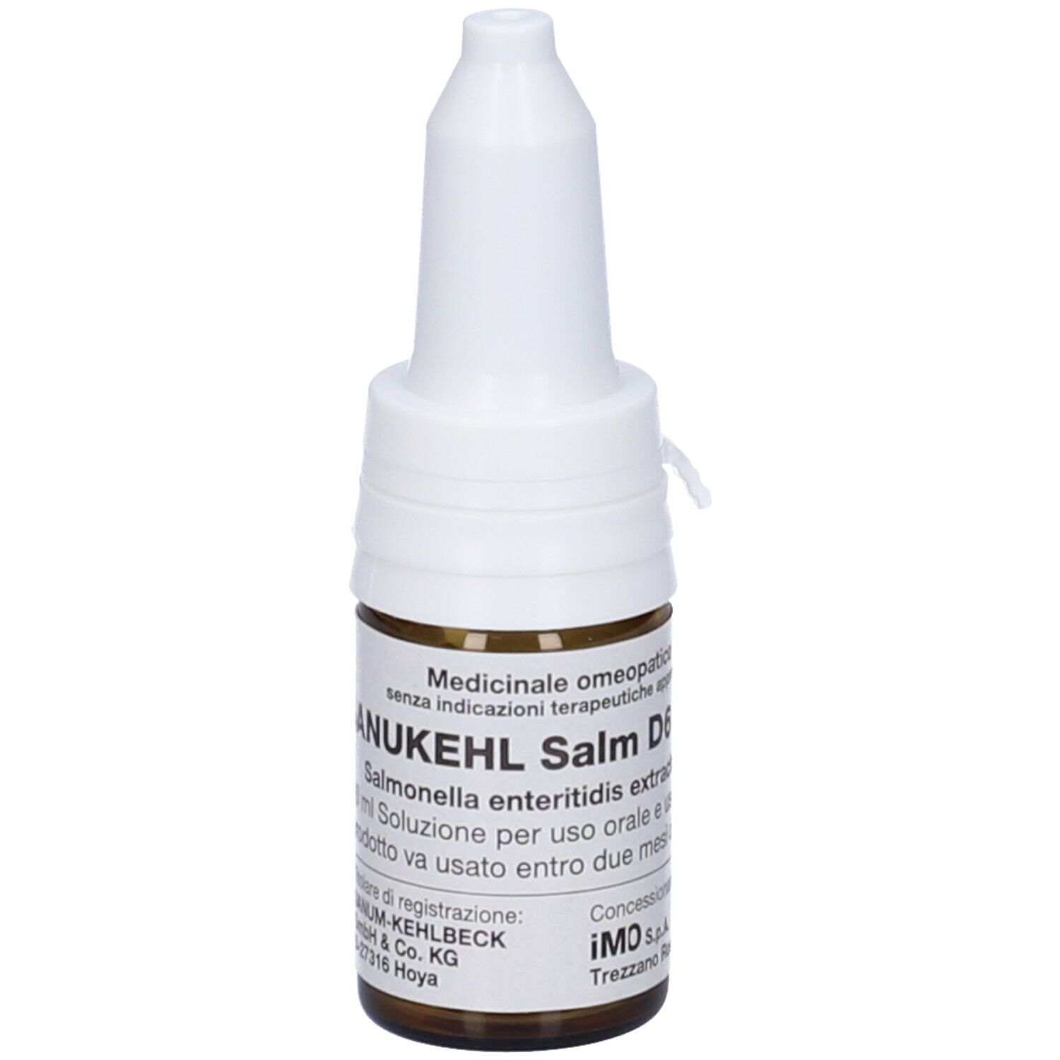 Flacone di vetro marrone con tappo bianco. Scritta: Sanukehl Salm D6. Gocce medicinali.