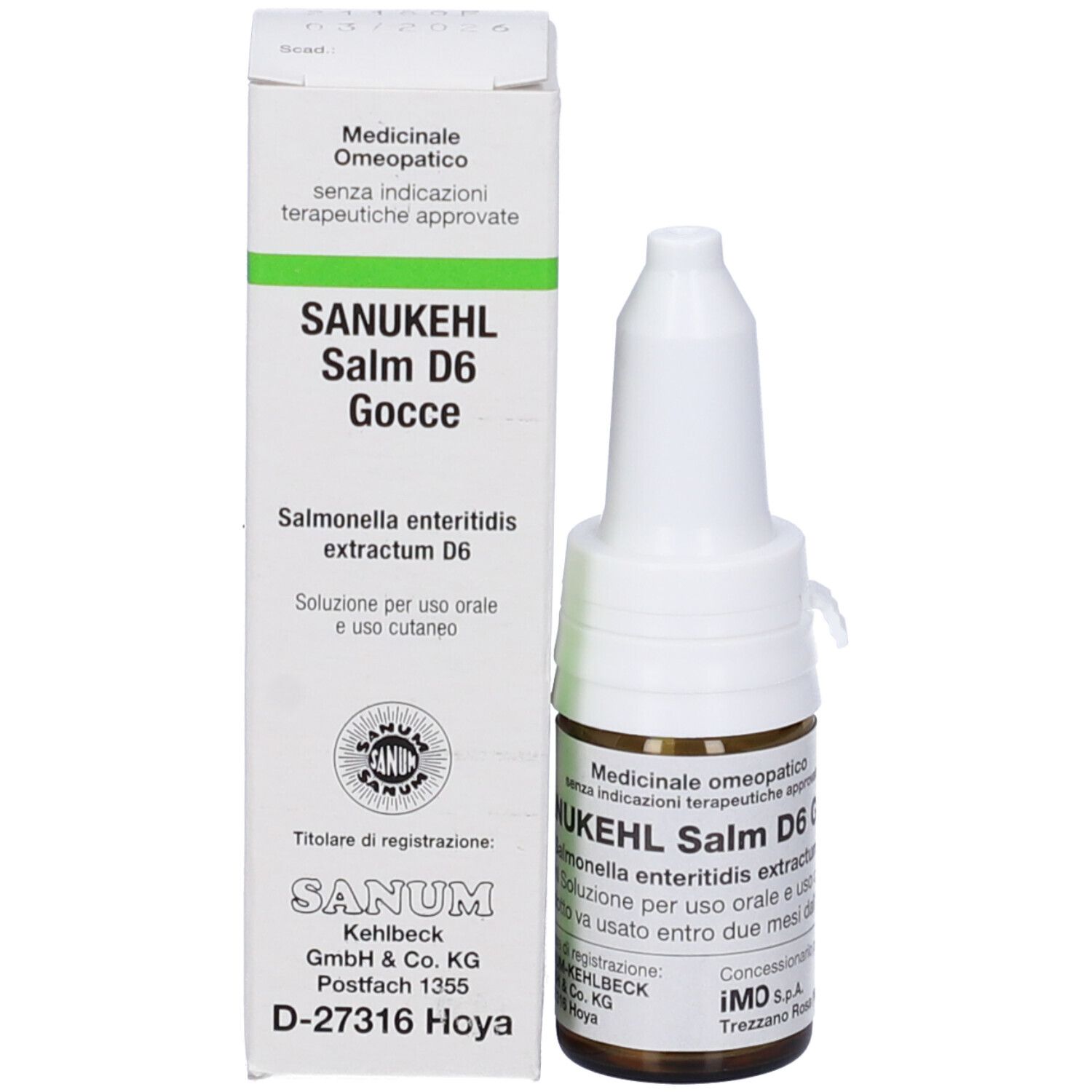 Confezione del prodotto con flacone. Scritta: Sanukehl Salm D6 Gocce. Gocce medicinali.