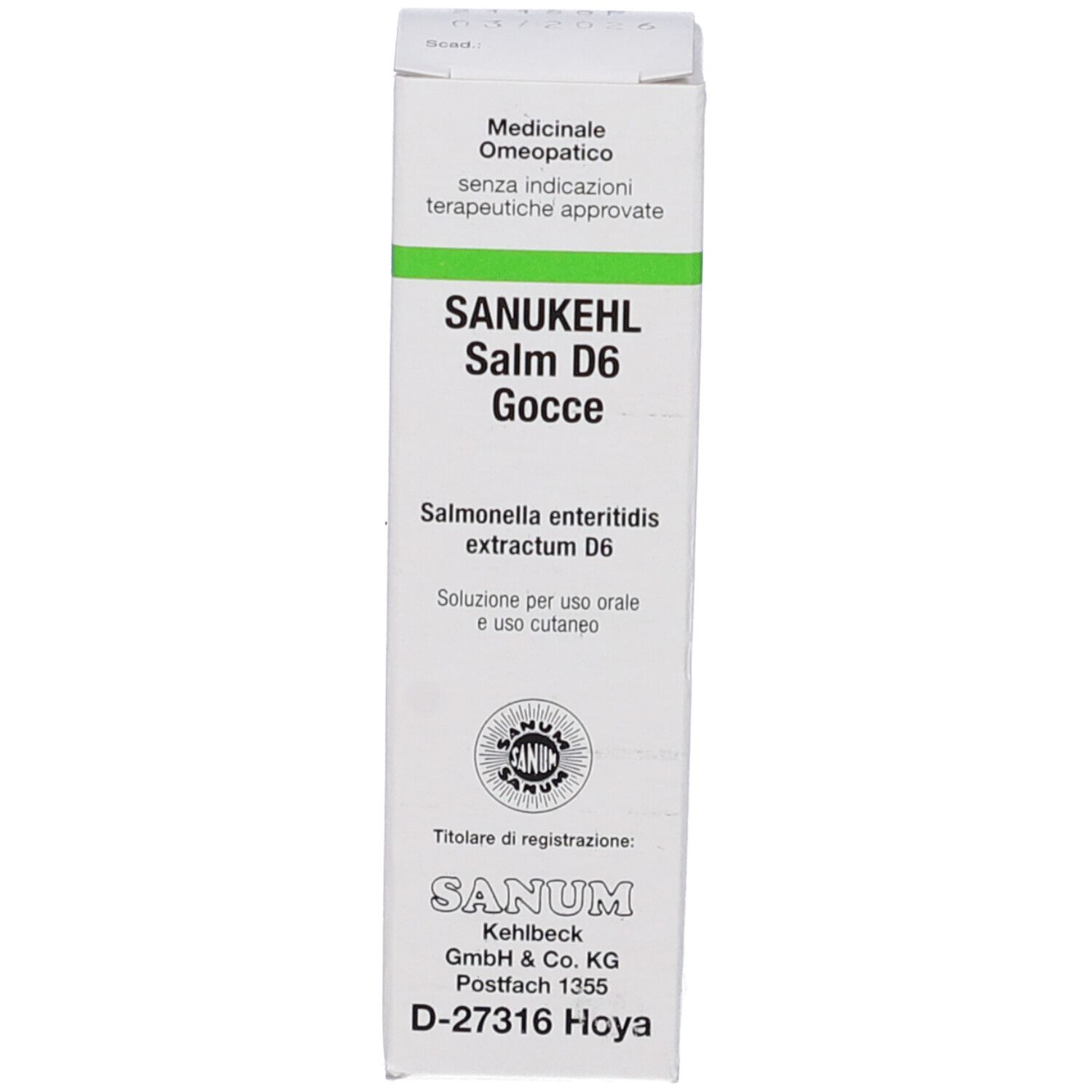 Confezione del prodotto. Scritta: Sanukehl Salm D6 Gocce. Gocce medicinali.