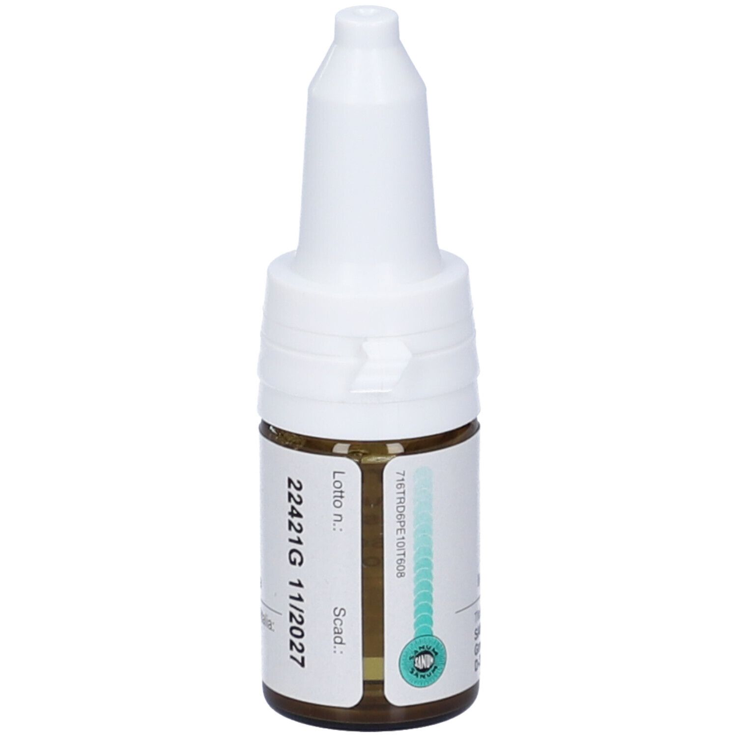 Flacone di vetro marrone con tappo bianco. Scritta: 22421G 11/2027. Flacone contagocce.