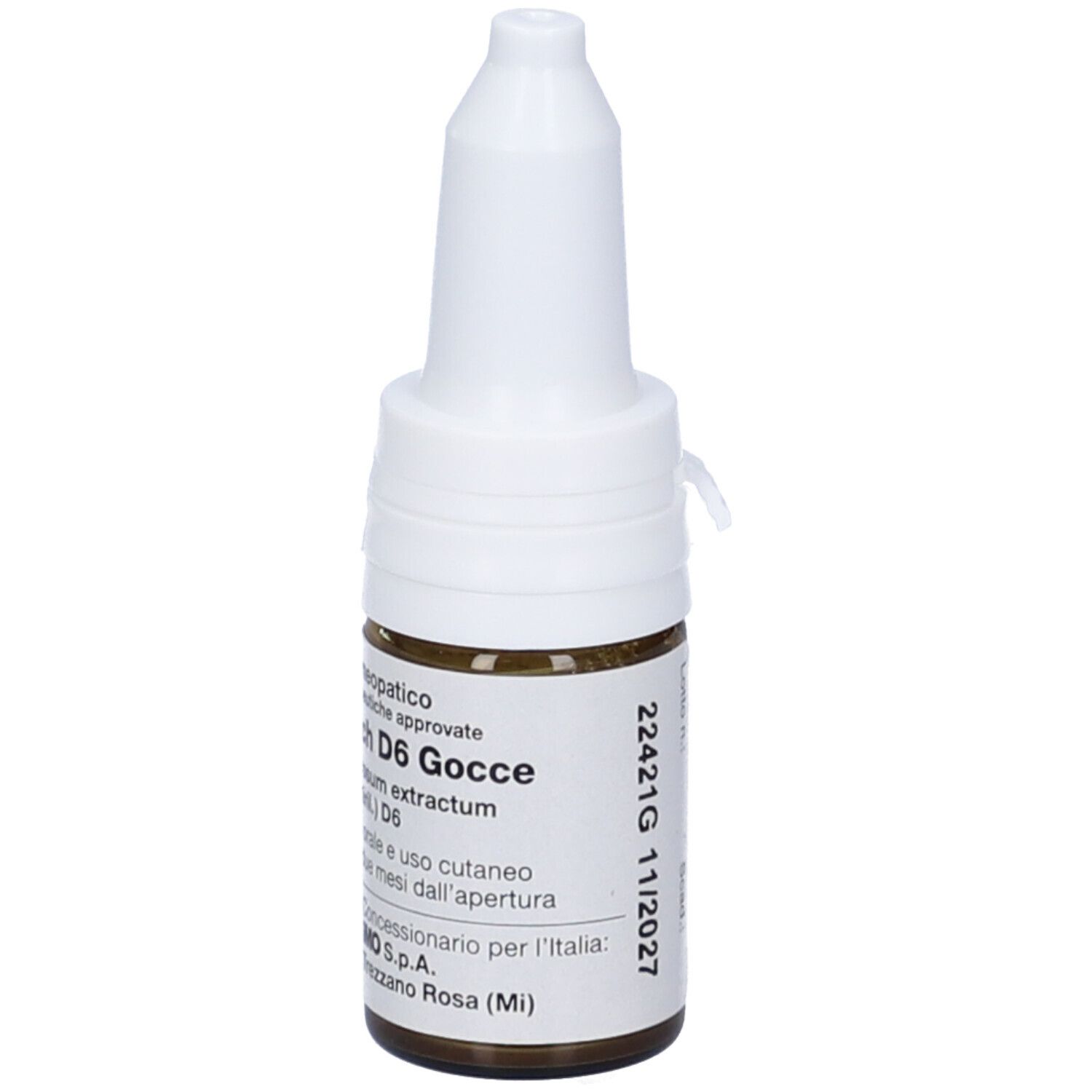 Flacone di vetro marrone con tappo bianco. Scritta: Sanukehl Trich D6 Gocce. Flacone contagocce.