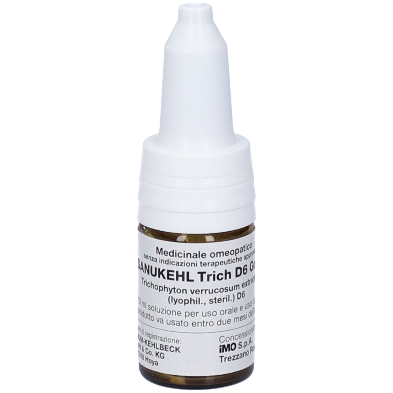 Flacone di vetro marrone con tappo bianco. Scritta: Sanukehl Trich D6 Gocce. Flacone contagocce.