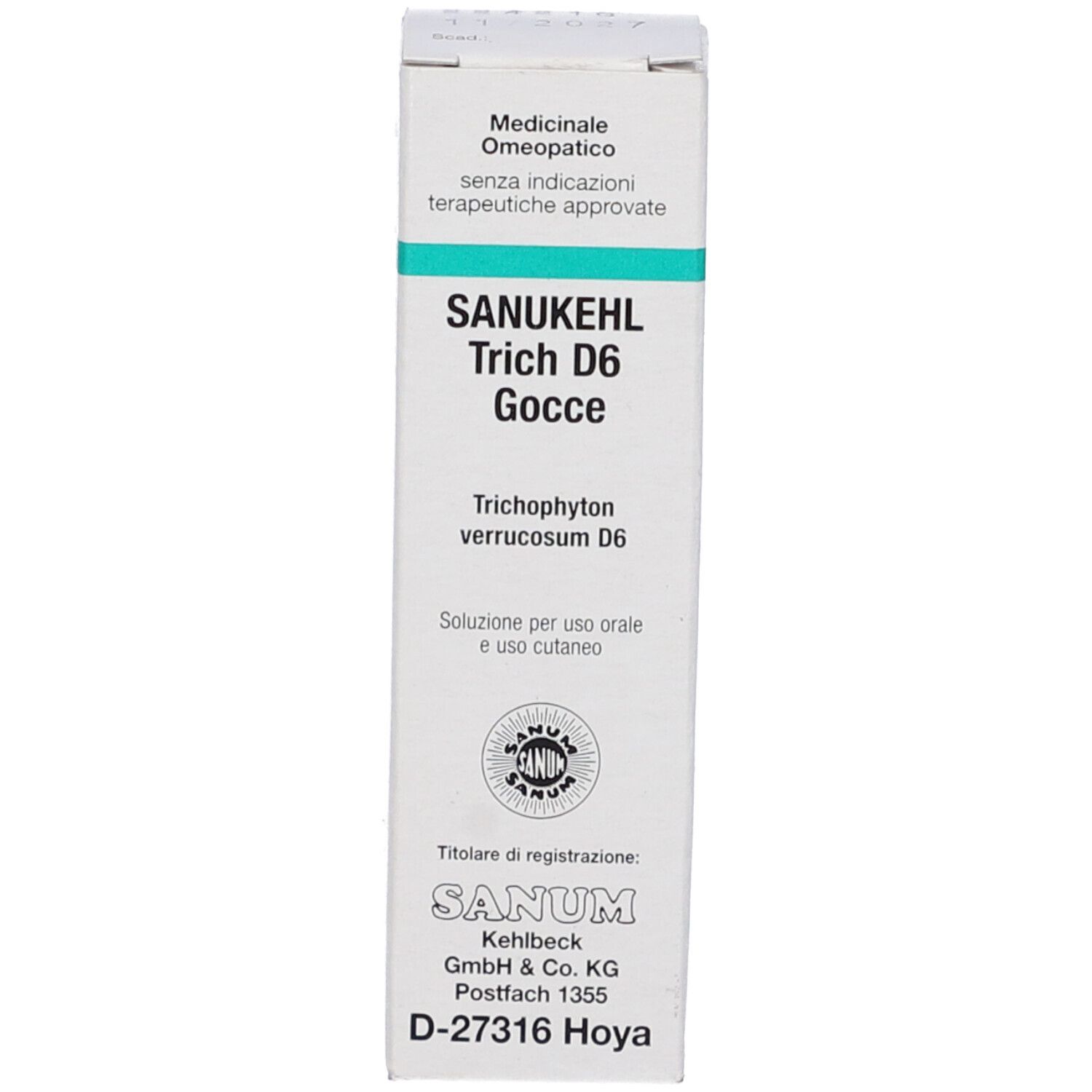 Confezione del prodotto. Scritta: Sanukehl Trich D6 Gocce. Scatola.
