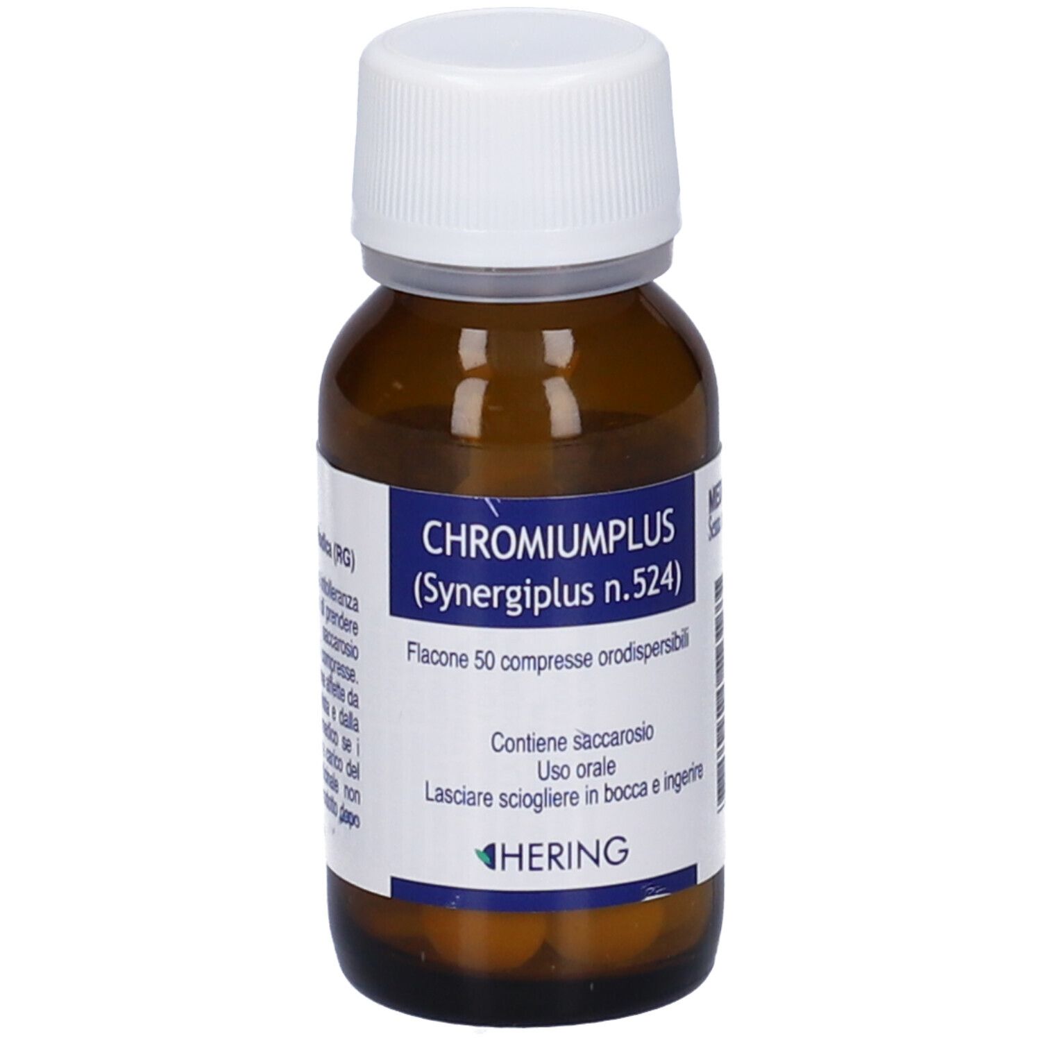 Flacone di vetro marrone con tappo bianco. Etichetta: CHROMIUMPLUS, 50 compresse. Marca: HERING.