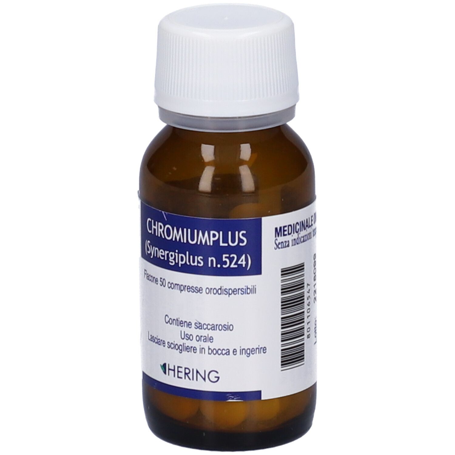 Flacone di vetro marrone con tappo bianco. Etichetta: CHROMIUMPLUS, 50 compresse. Marca: HERING.