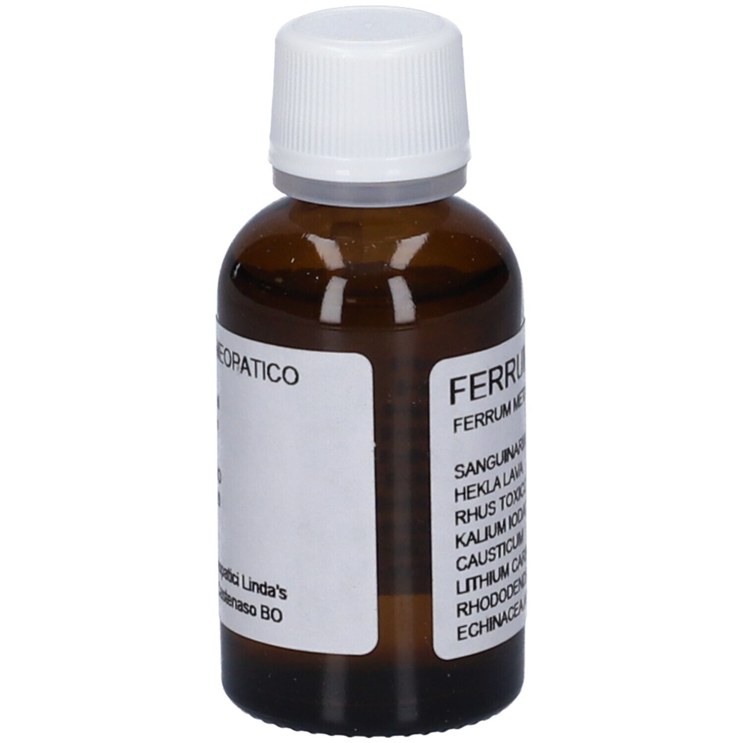 Flacone di vetro marrone con tappo bianco. Etichetta con informazioni sul prodotto e produttore.