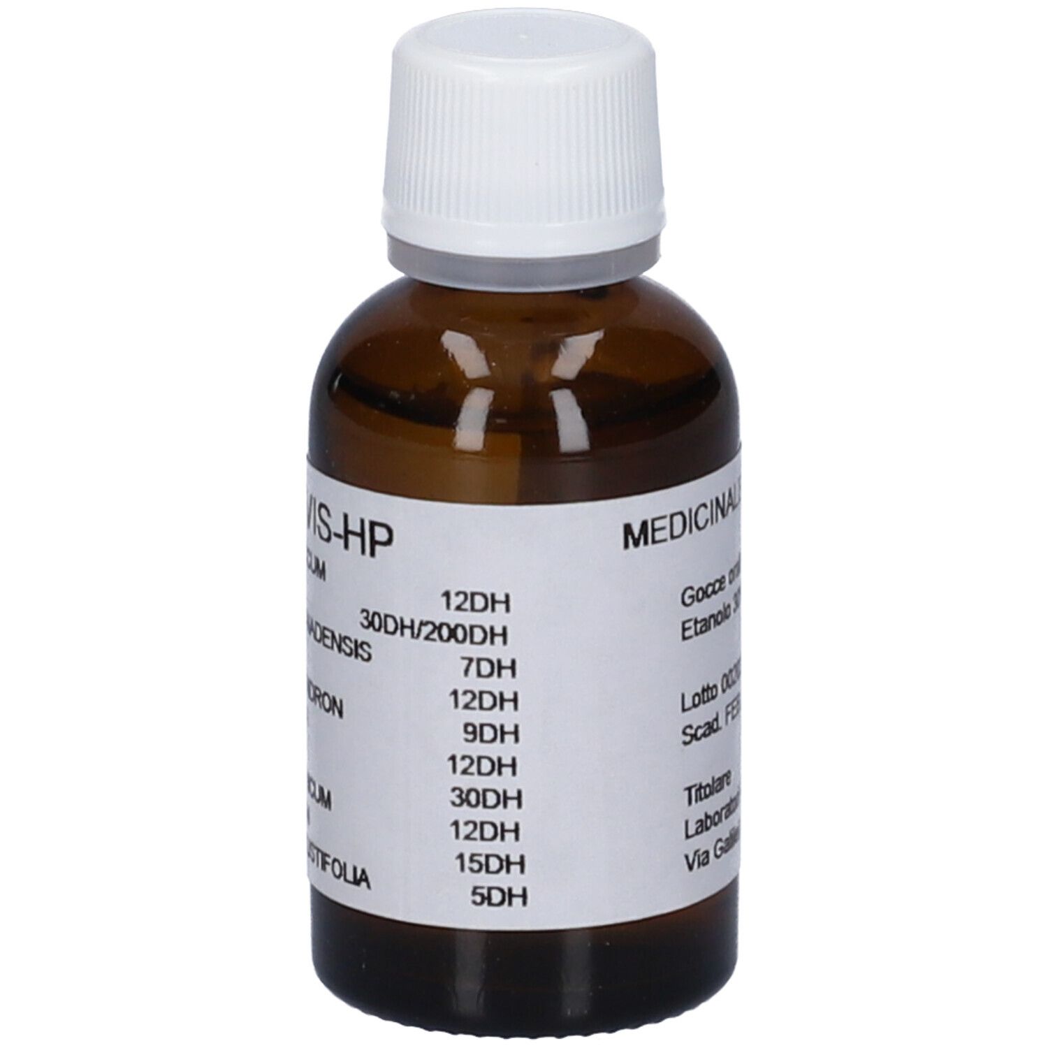 Flacone di vetro marrone con tappo bianco. Etichetta con nome del prodotto e altre informazioni.