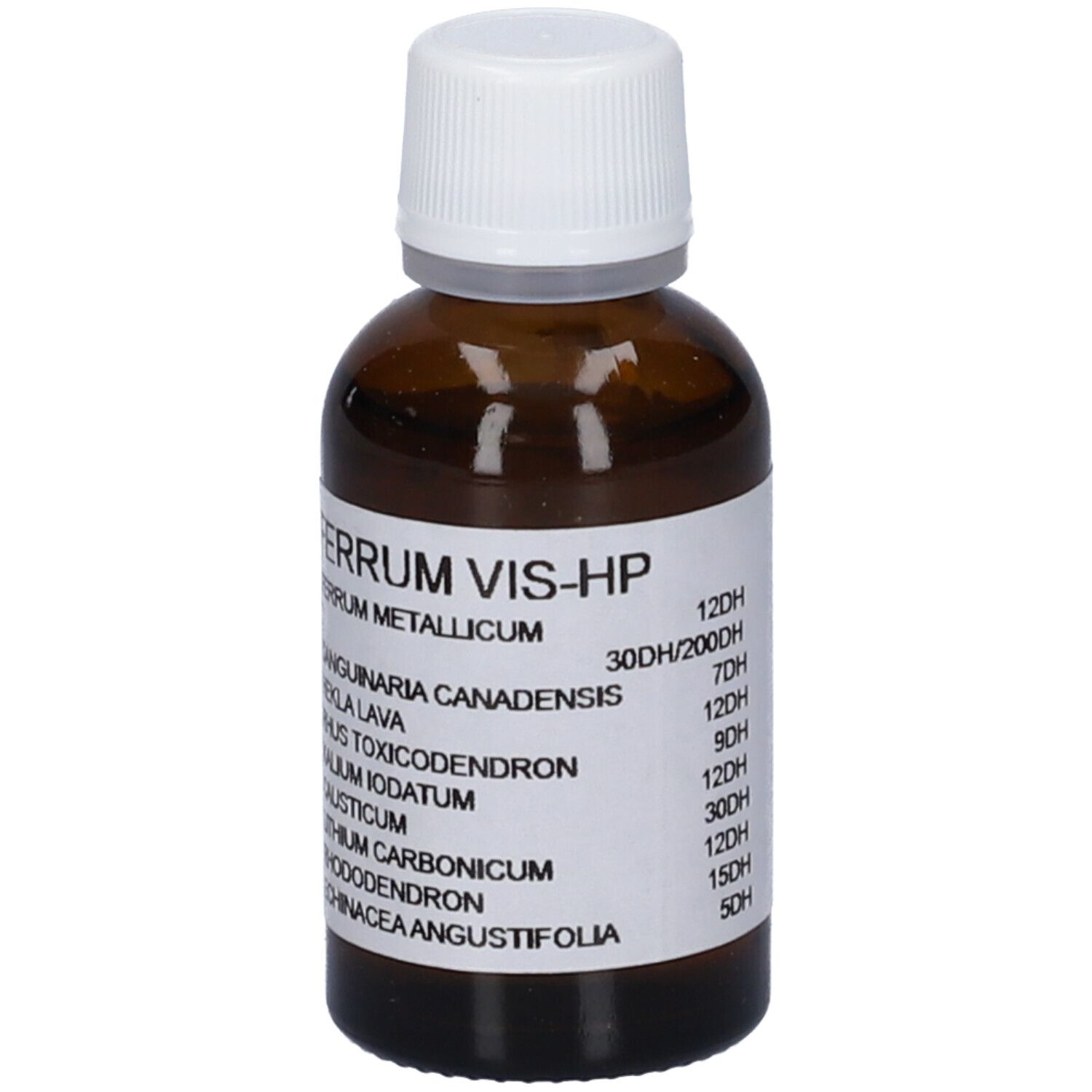 Flacone di vetro marrone con tappo bianco. Etichetta con nome del prodotto e altre informazioni.