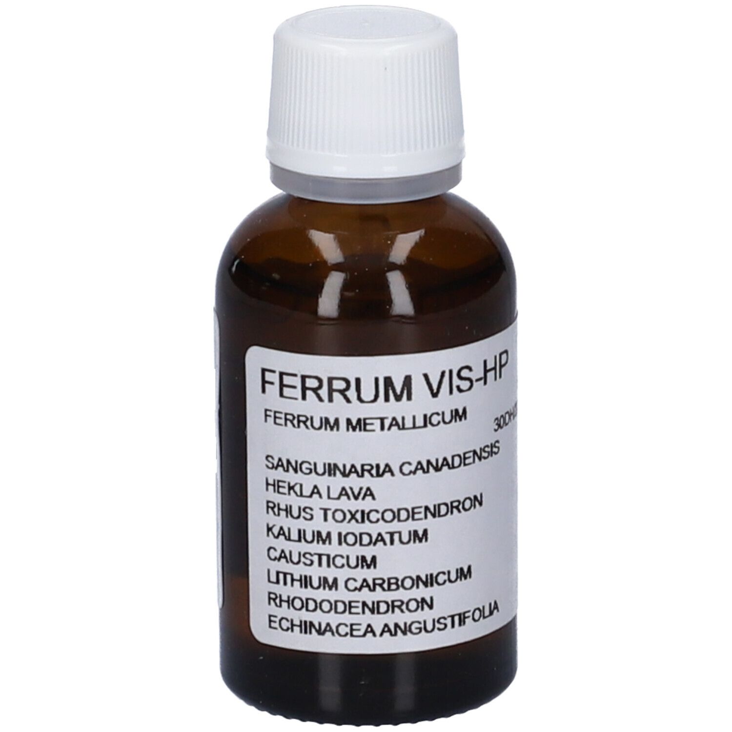 Flacone di vetro marrone con tappo bianco. Etichetta con nome del prodotto e altre informazioni.