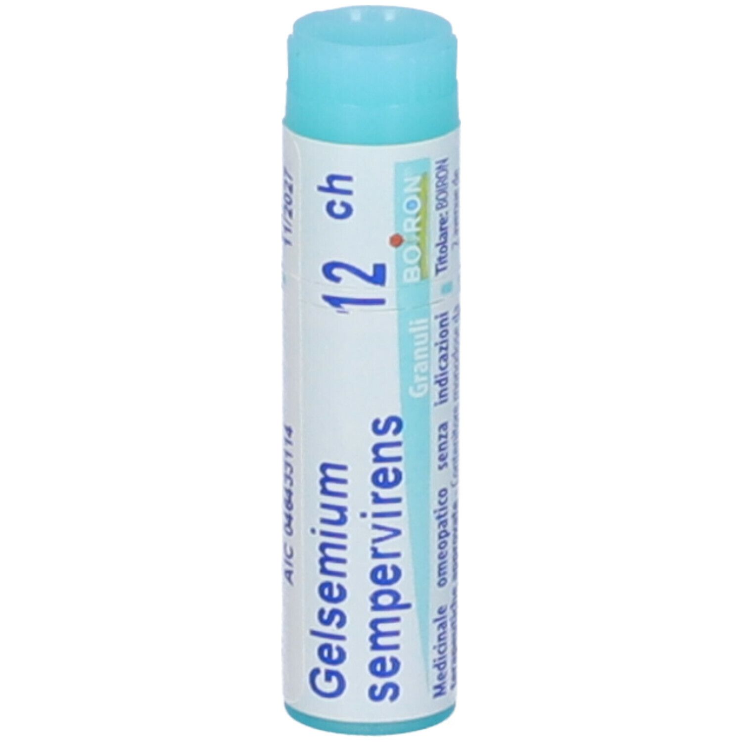 Confezione cilindrica con tappo blu. Scritta: Gelsemium sempervirens 12 ch, Boiron.