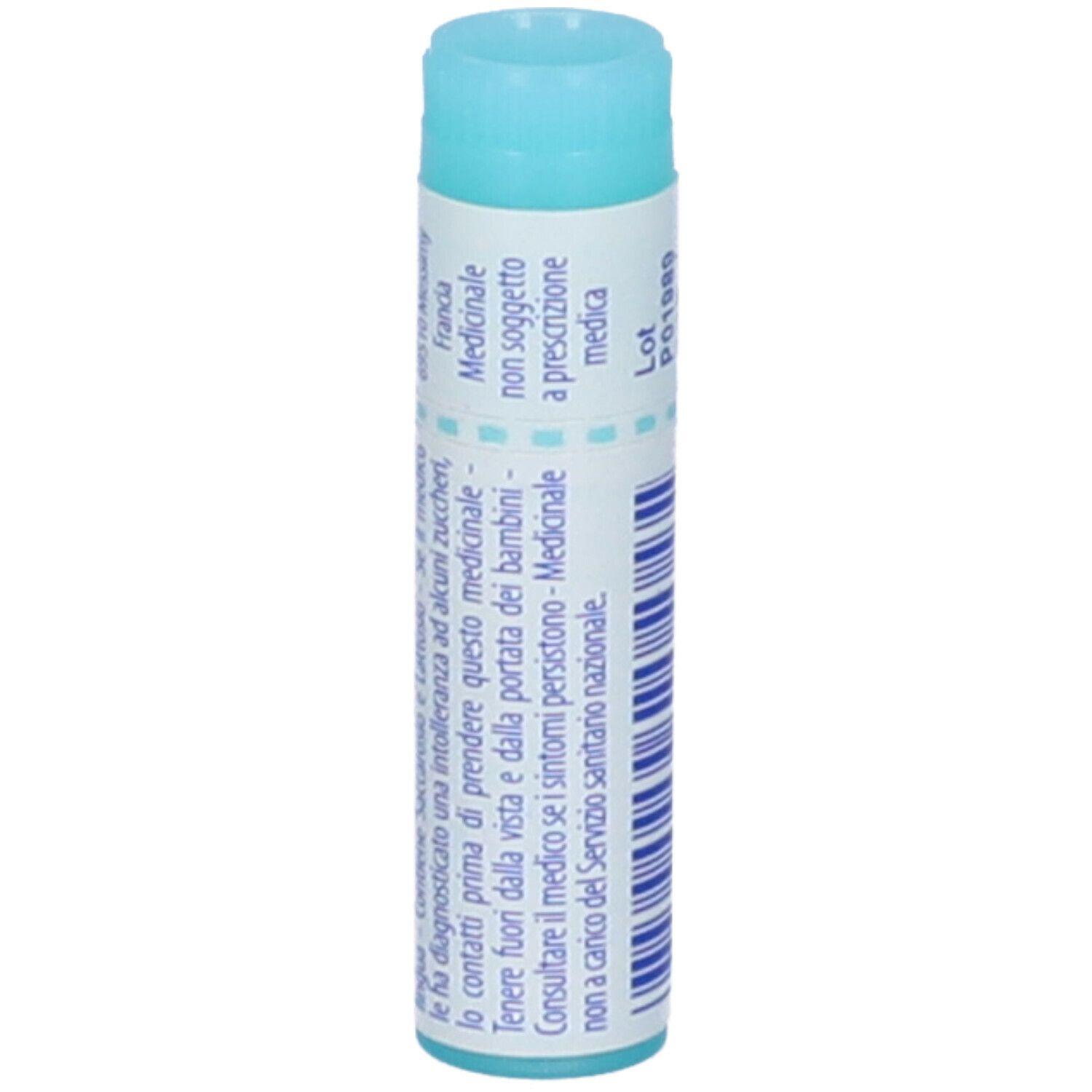 Confezione cilindrica con tappo blu. Retro con testo. Scritta: Gelsemium sempervirens.