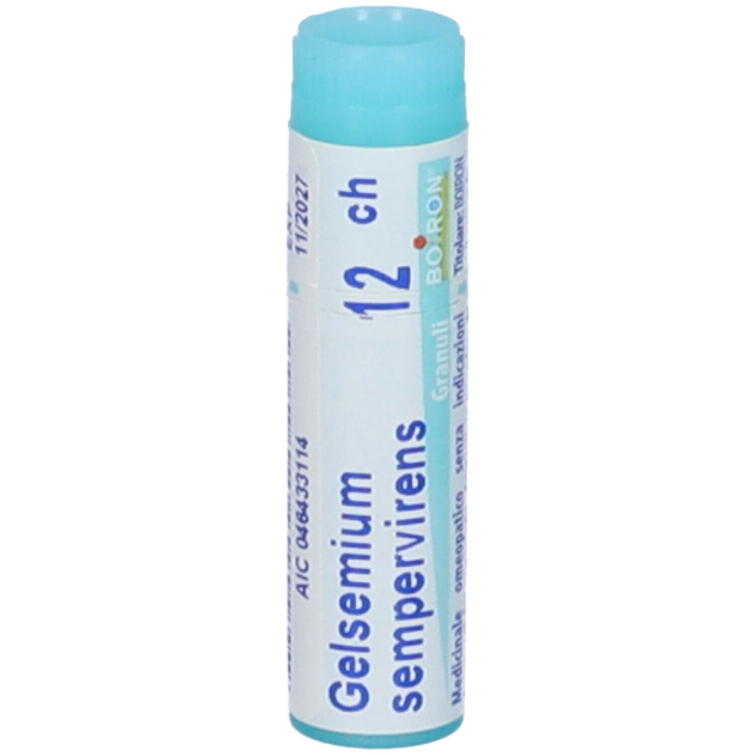 Confezione cilindrica con tappo blu. Scritta: Gelsemium sempervirens 12 ch, Boiron.