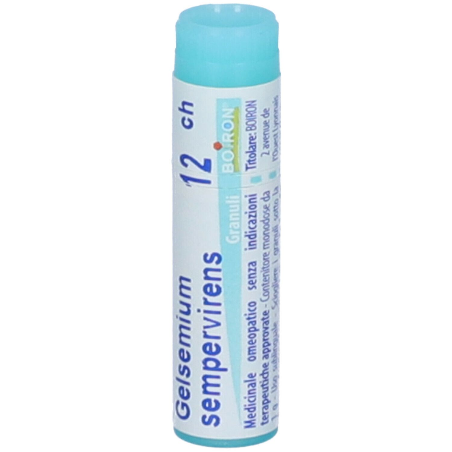 Confezione cilindrica con tappo blu. Scritta: Gelsemium sempervirens 12 ch, Boiron.
