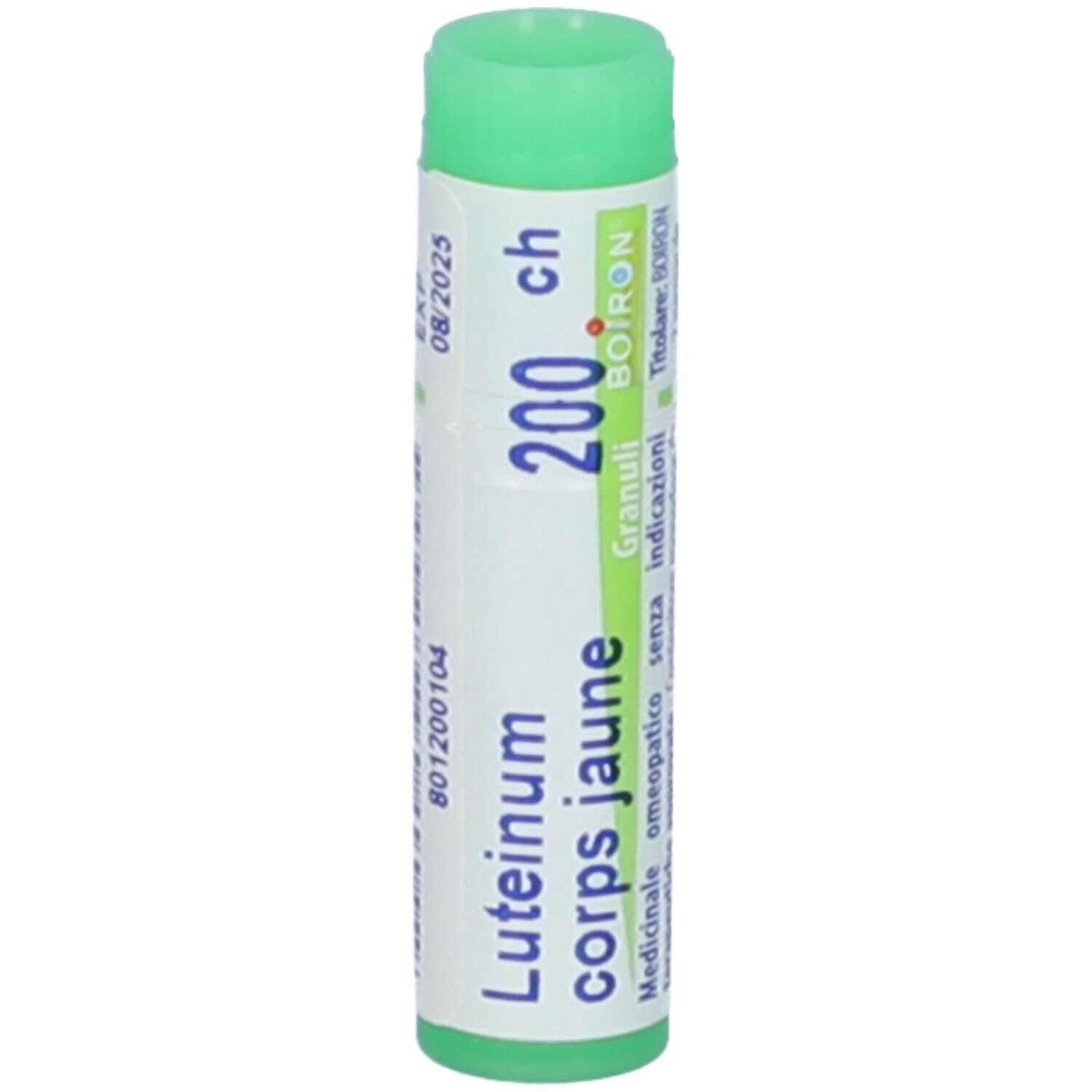 Confezione cilindrica con tappo verde. Scritta: Luteinum corps jaune, 200 ch, Granuli, Boiron. Scadenza 08/2025.