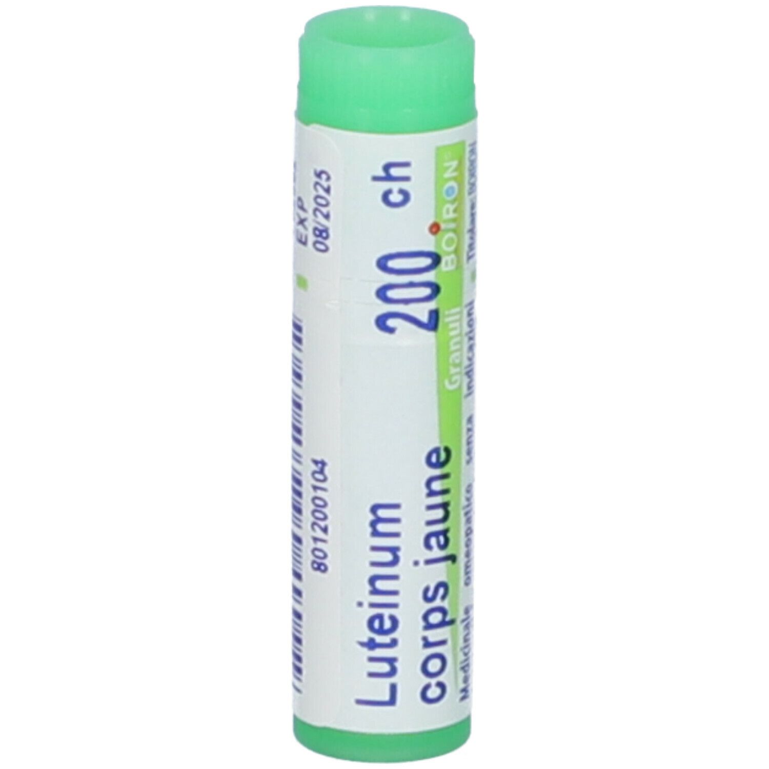 Confezione cilindrica con tappo verde. Scritta: Luteinum corps jaune, 200 ch, Granuli, Boiron. Scadenza 08/2025.
