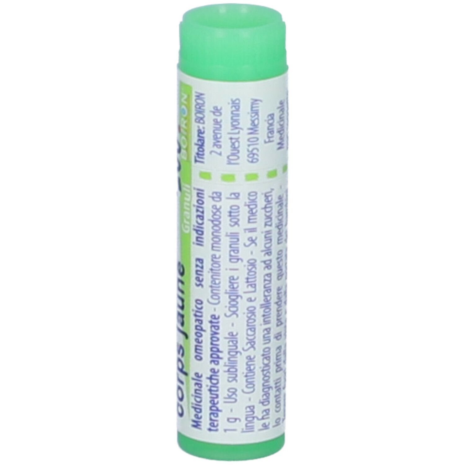 Confezione cilindrica con tappo verde. Scritta: Luteinum corps jaune, 200 ch, Granuli, Boiron. Ulteriori informazioni.