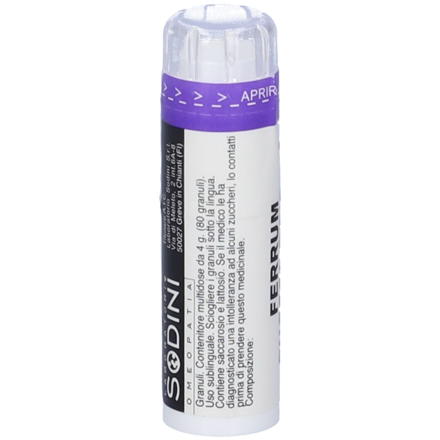 Confezione cilindrica con etichetta bianca. Scritta: Sodini, Ferrum. Tappo trasparente. Testo in italiano.