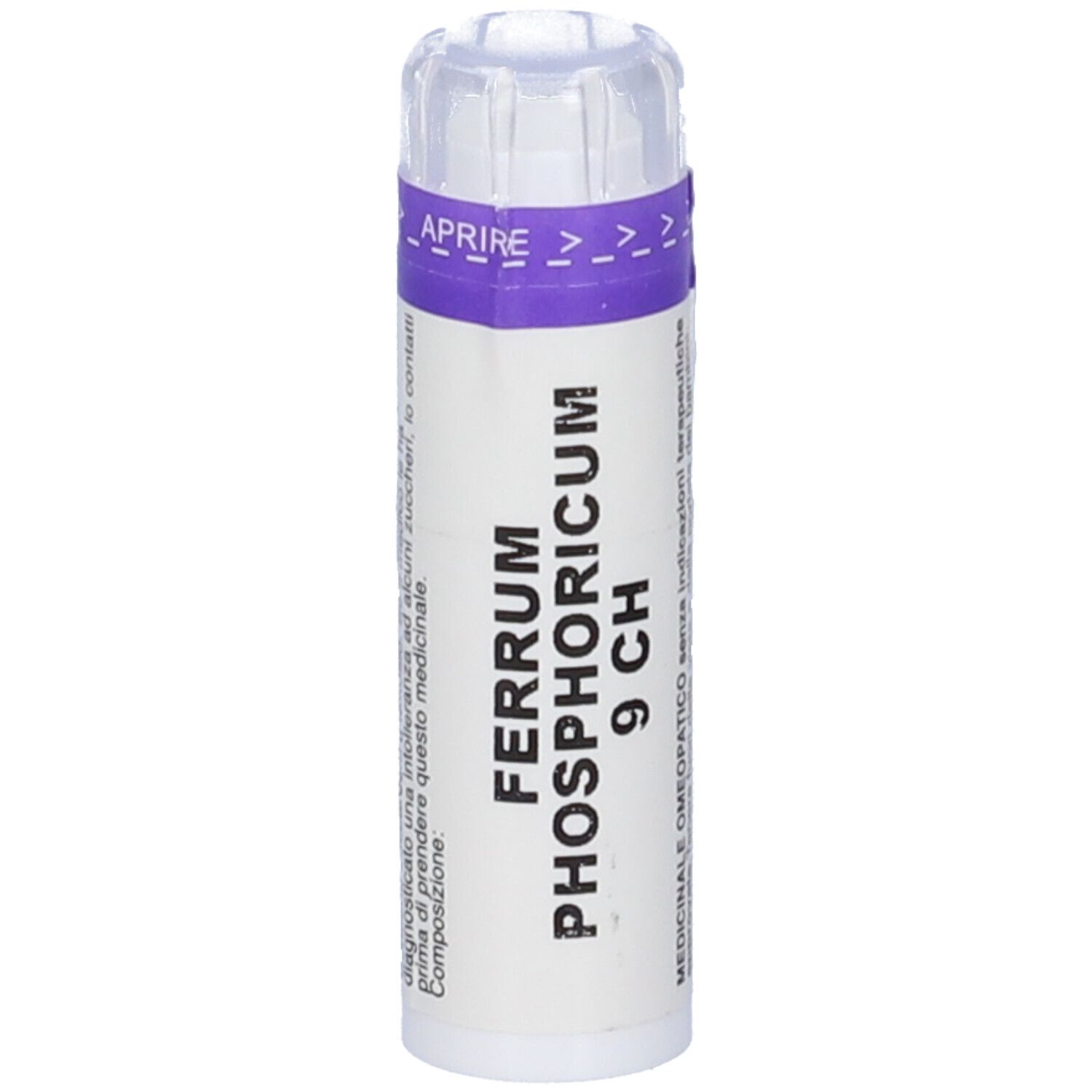 Confezione cilindrica con etichetta bianca. Scritta: Ferrum Phosphoricum 9 CH. Tappo trasparente.