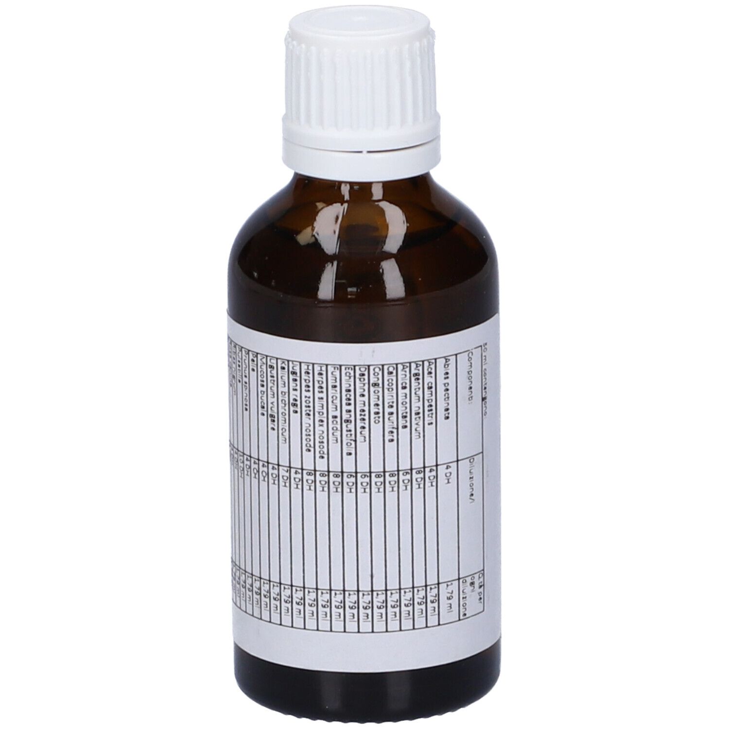Flacone di vetro marrone con tappo bianco. Etichetta con testo. SIN 4, Medicinale Omeopatico.