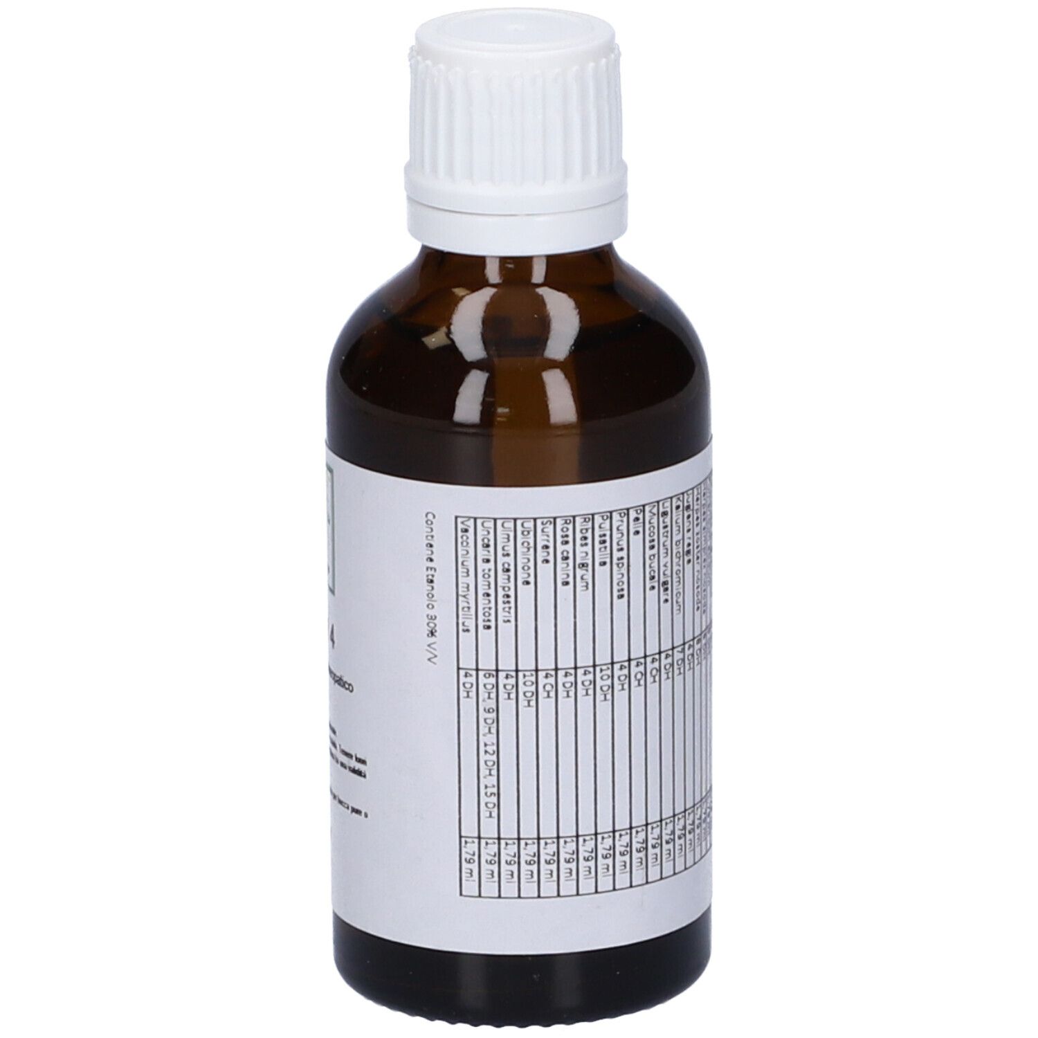 Flacone di vetro marrone con tappo bianco. Etichetta con testo. SIN 4, Medicinale Omeopatico.