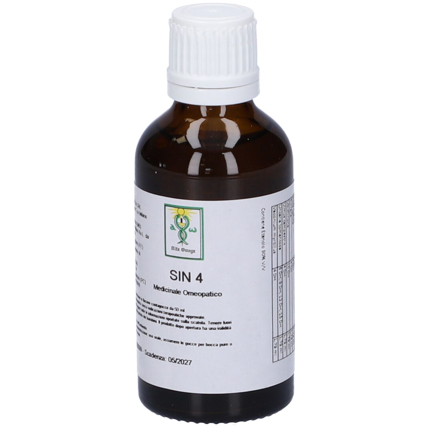 Flacone di vetro marrone con tappo bianco. Etichetta con testo e logo. SIN 4, Medicinale Omeopatico.