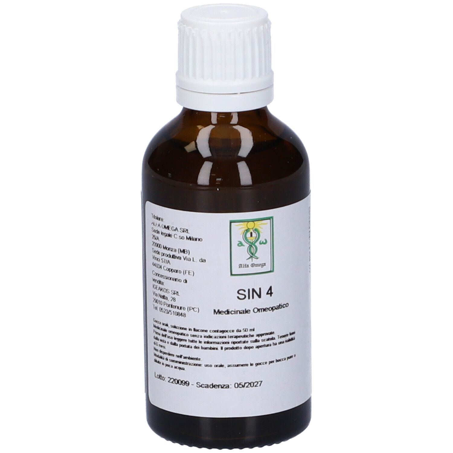 Flacone di vetro marrone con tappo bianco. Etichetta con testo e logo. SIN 4, Medicinale Omeopatico.