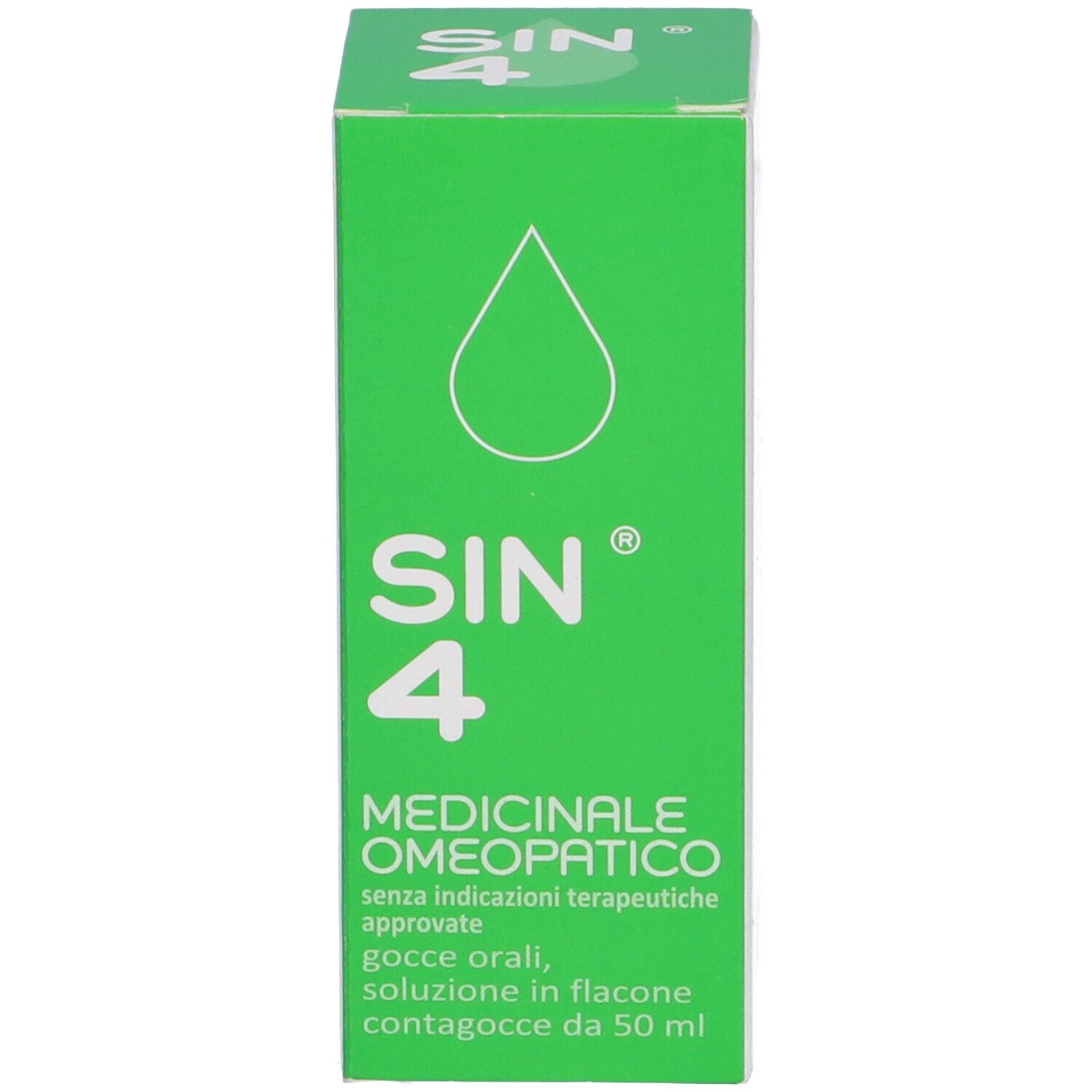 Scatola verde con testo. SIN 4, Medicinale Omeopatico. Flacone contagocce, 50 ml.