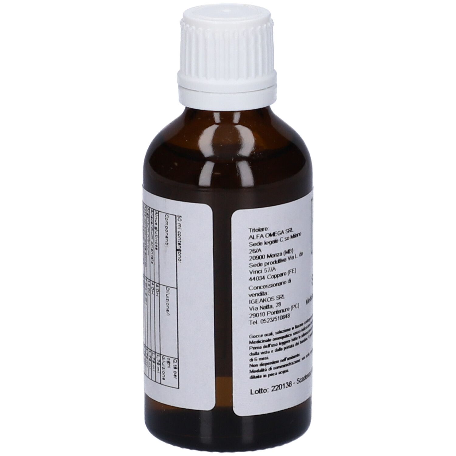 Flacone di vetro marrone con tappo bianco. Etichetta con testo e informazioni. Vista posteriore.