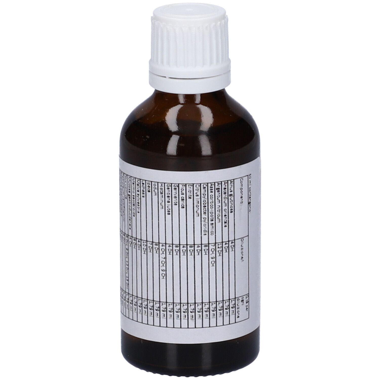 Flacone di vetro marrone con tappo bianco. Etichetta con testo e informazioni. Primo piano.