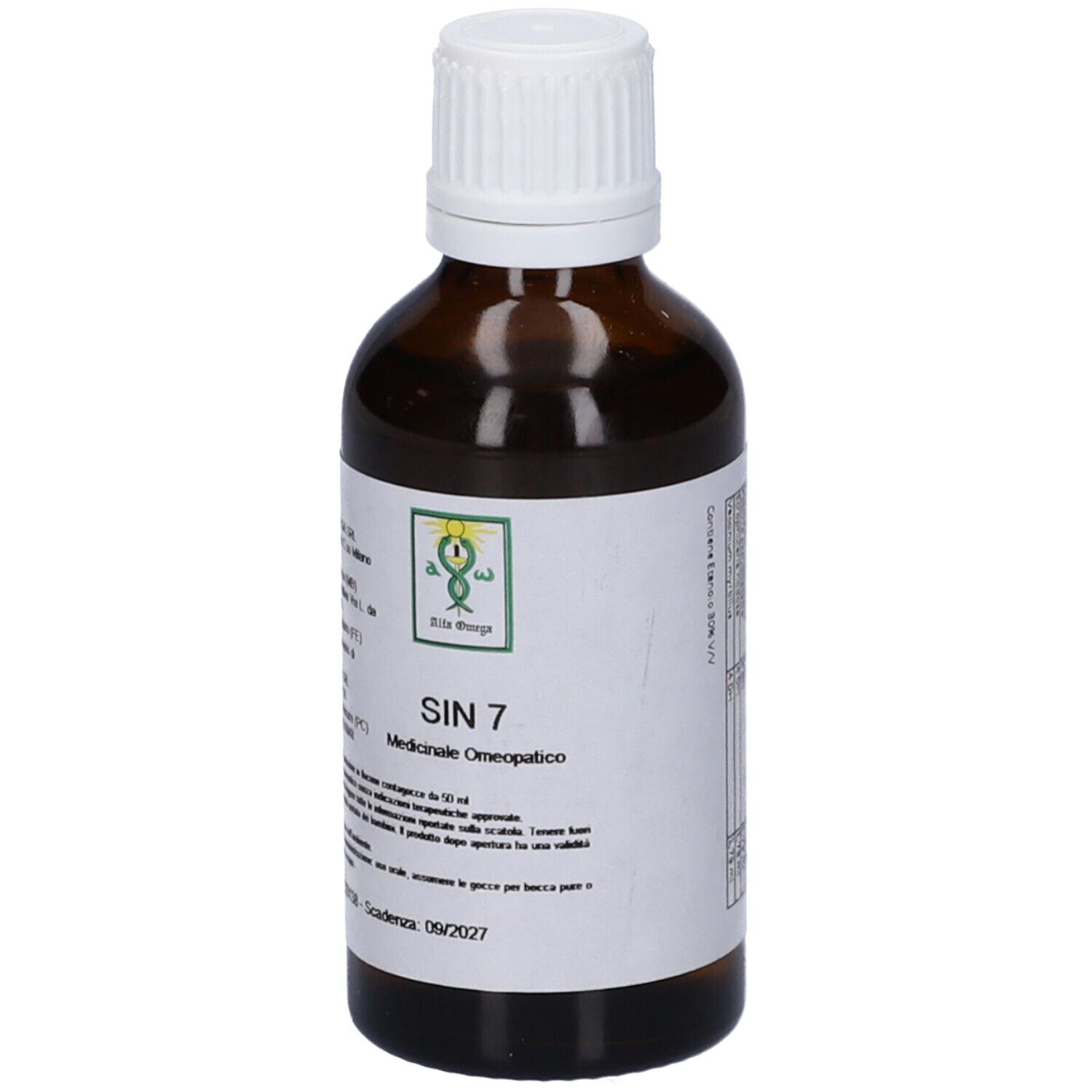 Flacone di vetro marrone con tappo bianco. Etichetta con testo: SIN 7, Medicinale Omeopatico. Logo verde e bianco.