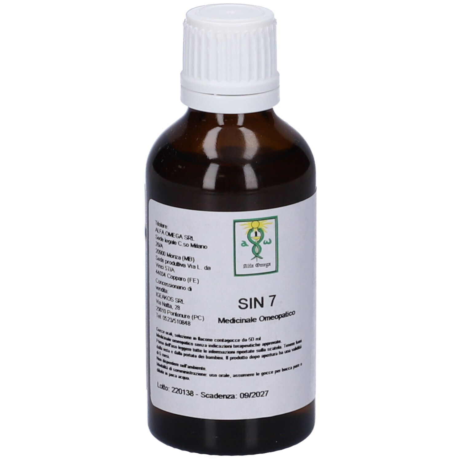 Flacone di vetro marrone con tappo bianco. Etichetta con testo: SIN 7, Medicinale Omeopatico. Logo verde e bianco.