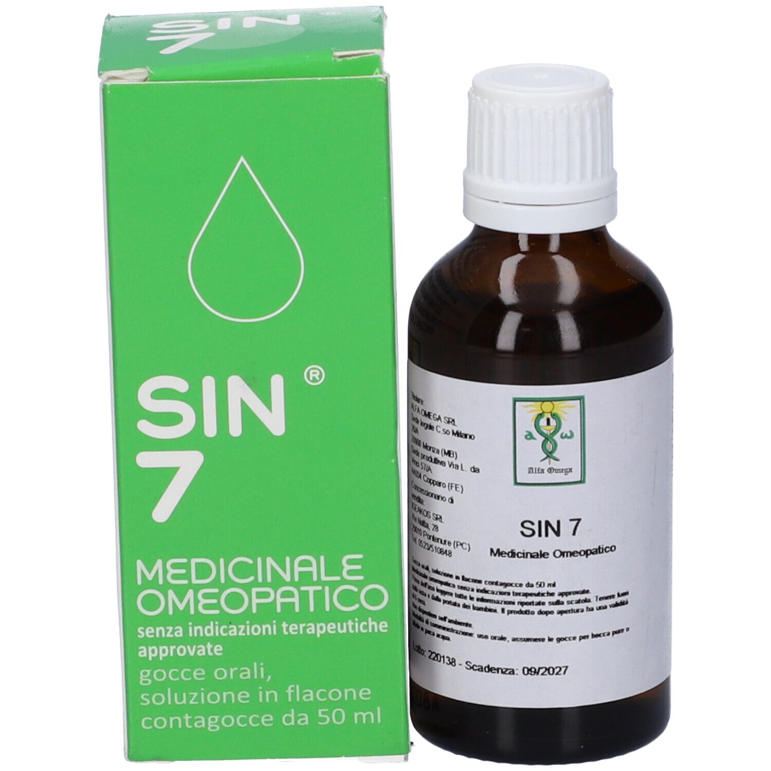 Scatola verde e flacone marrone. Sulla scatola: SIN 7, Medicinale Omeopatico. Simbolo goccia.
