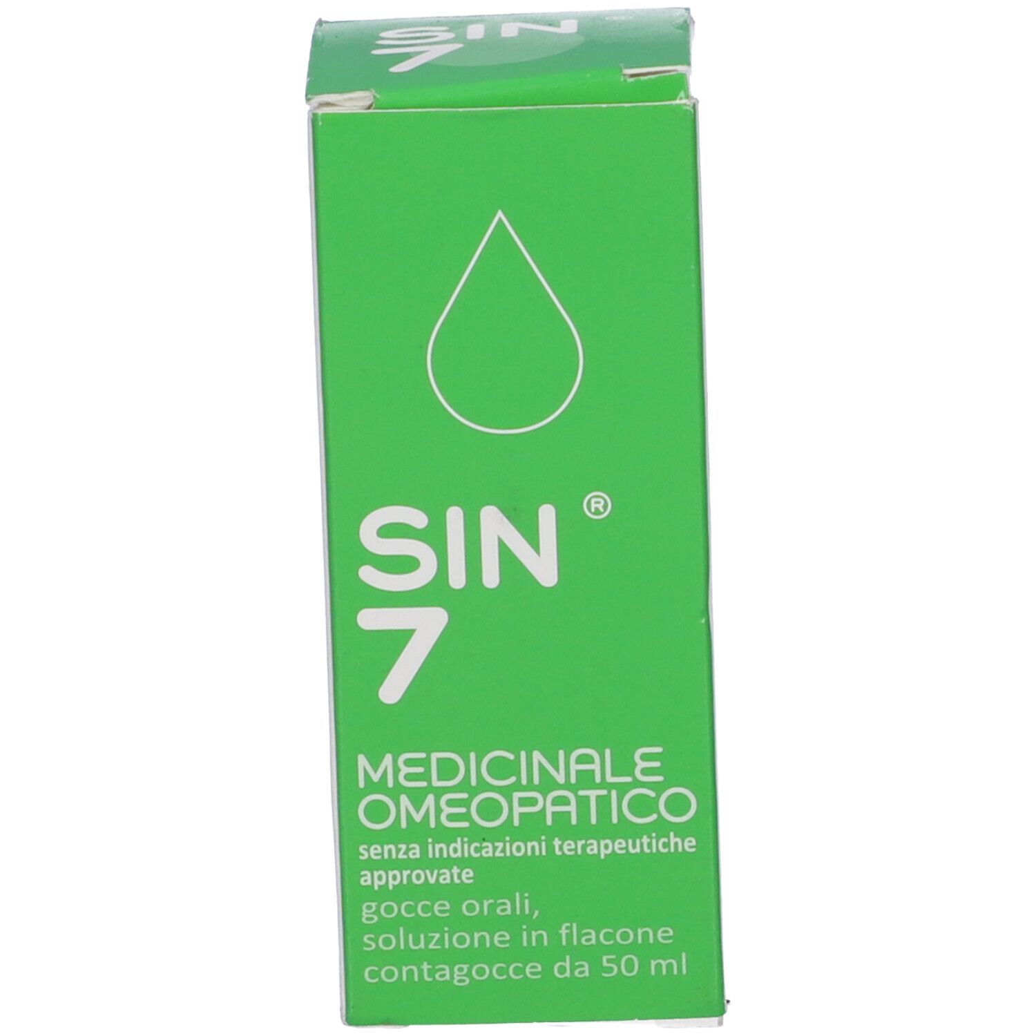 Scatola verde con testo: SIN 7, Medicinale Omeopatico. Simbolo goccia. Flacone non visibile.