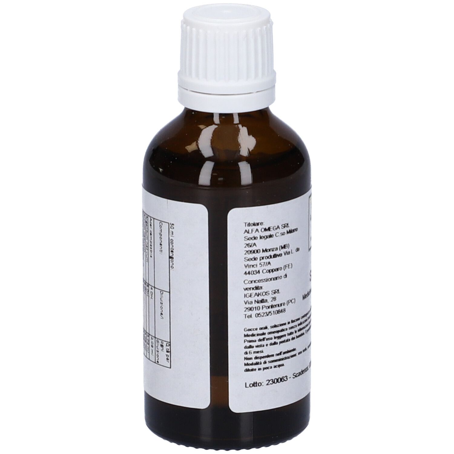 Vista posteriore di un flacone di vetro marrone con tappo bianco ed etichetta. Informazioni testuali sull'etichetta.