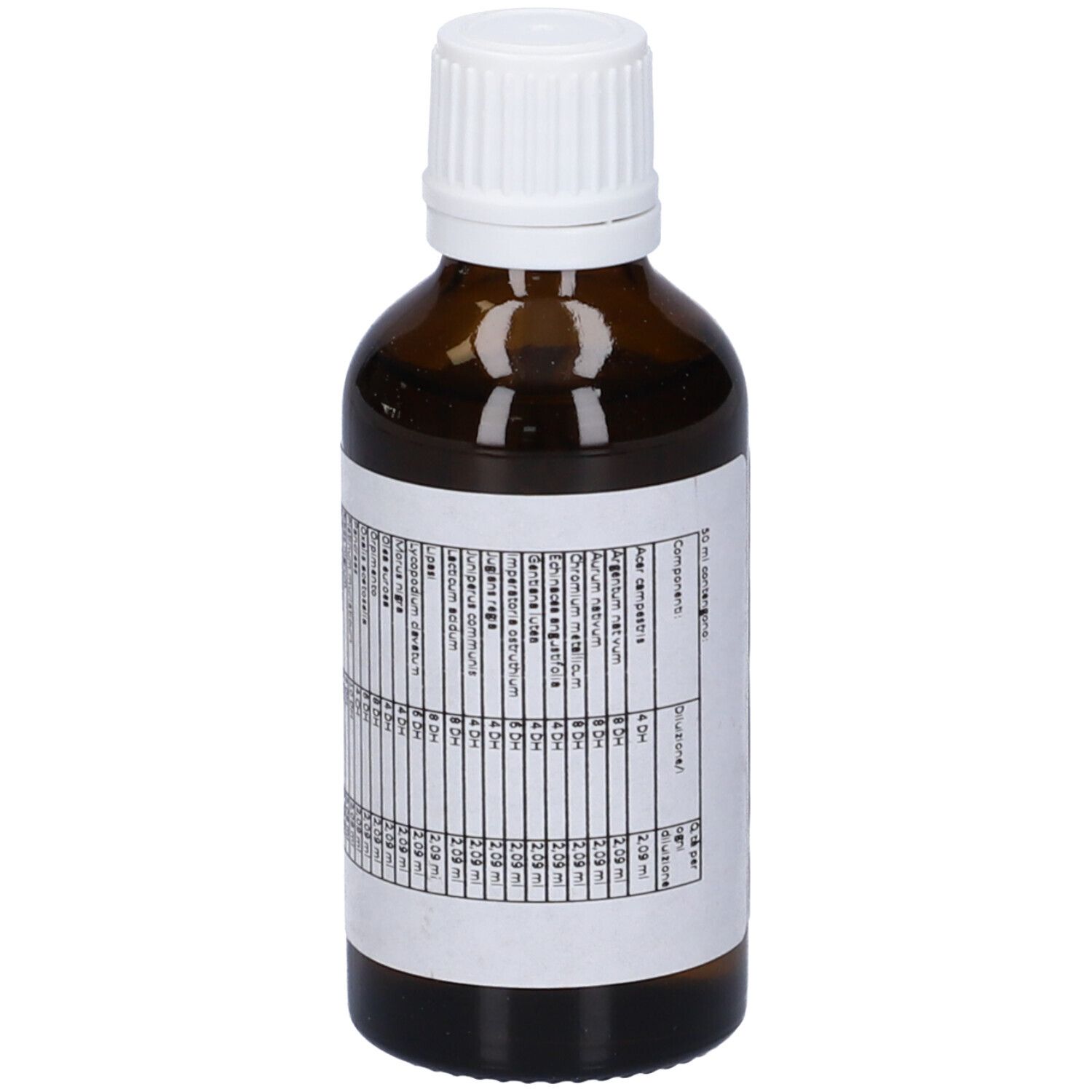 Vista posteriore di un flacone di vetro marrone con tappo bianco ed etichetta. Etichetta con testo disposto in colonne.