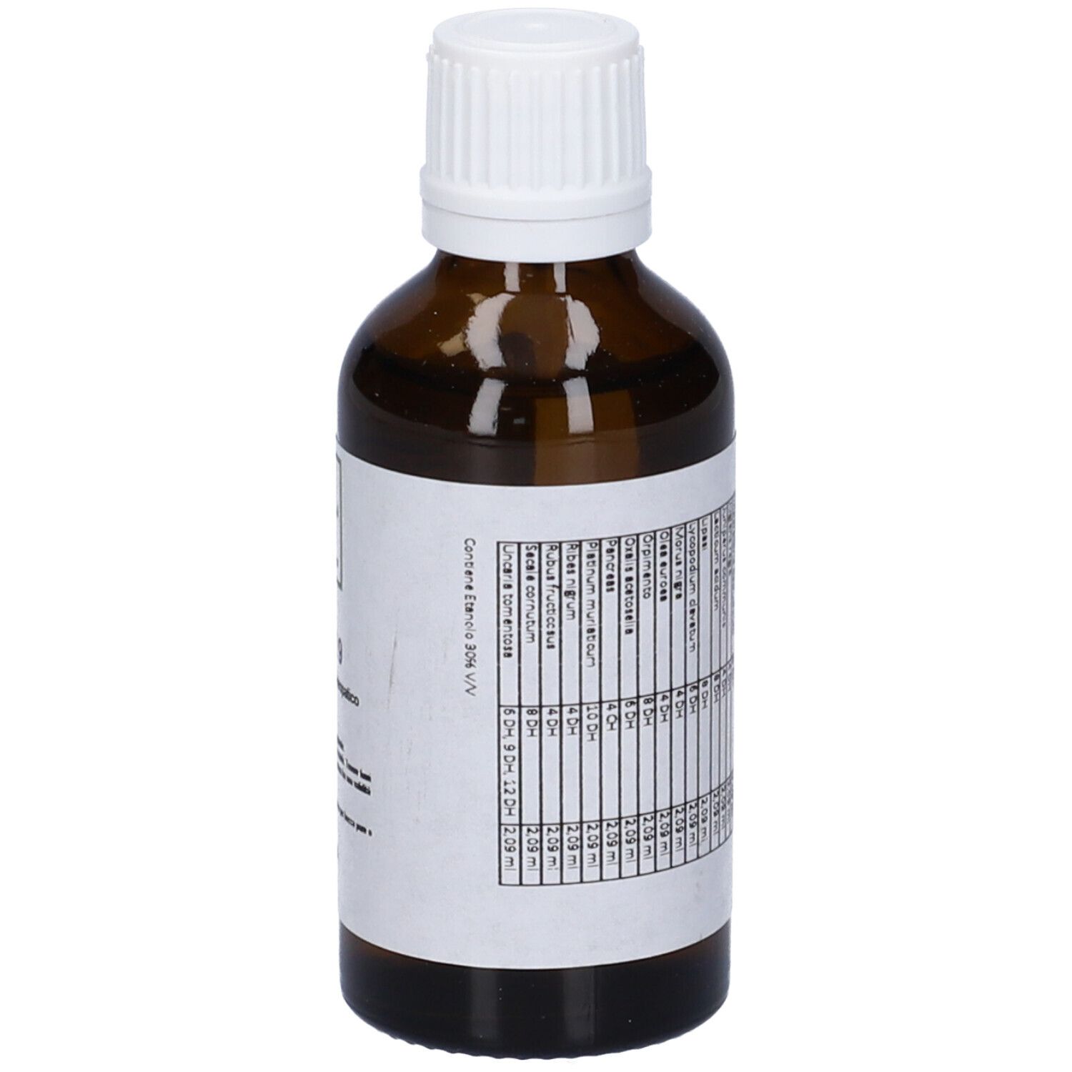 Vista posteriore di un flacone di vetro marrone con tappo bianco ed etichetta. Etichetta con testo disposto in colonne.