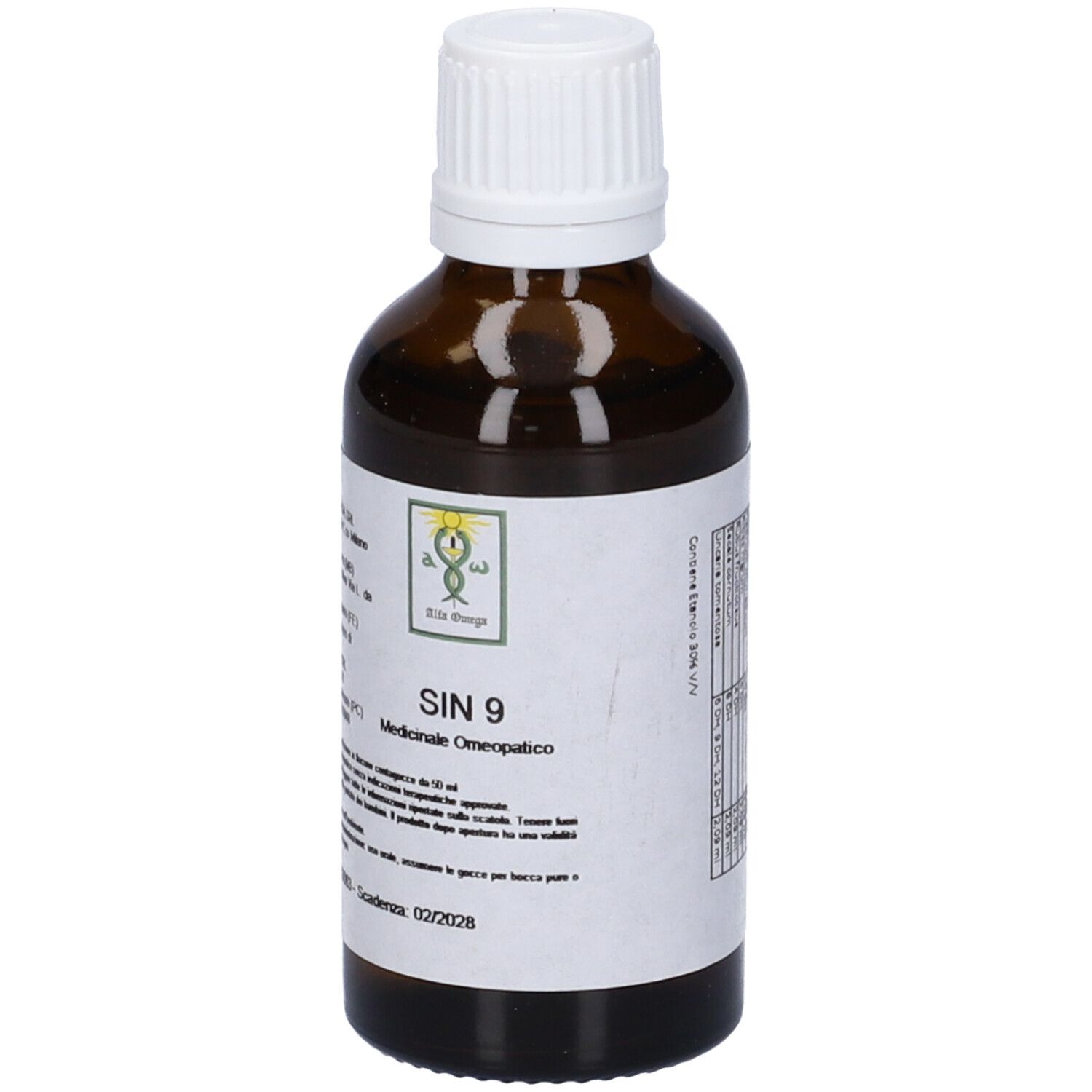 Flacone di vetro marrone con tappo bianco ed etichetta. Scritta SIN 9, Medicinale Omeopatico. Logo.