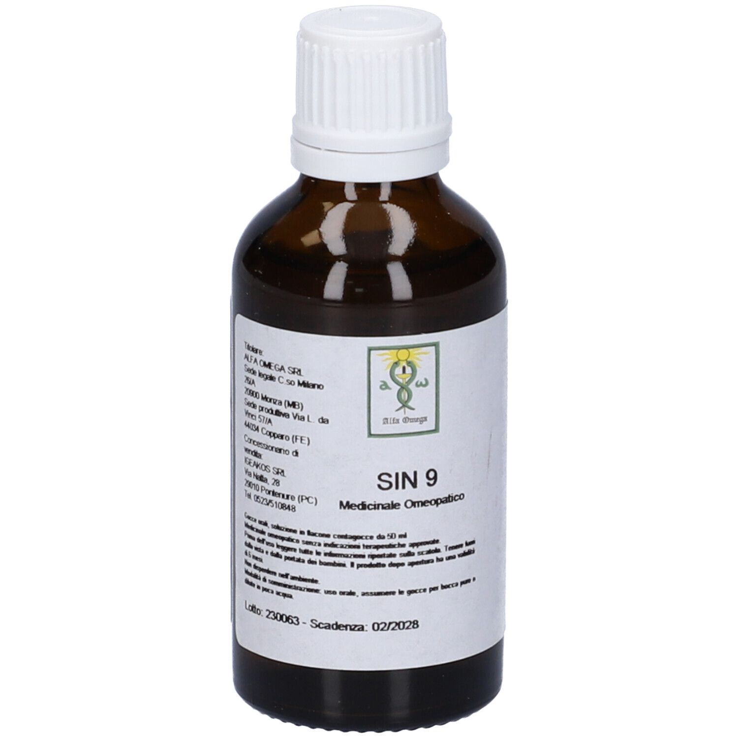 Flacone di vetro marrone con tappo bianco ed etichetta. Scritta SIN 9, Medicinale Omeopatico. Logo.