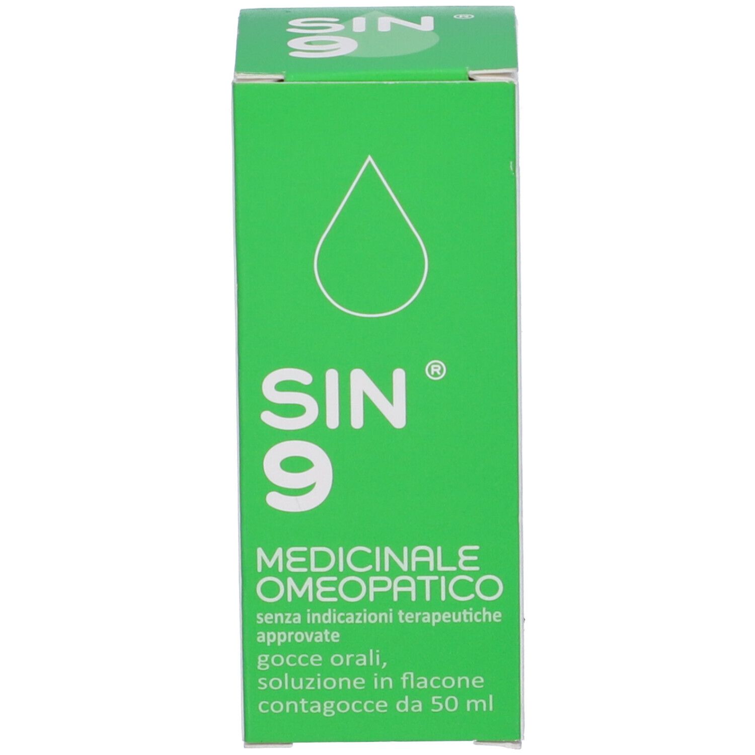 Scatola verde con simbolo goccia bianca e scritta SIN 9, Medicinale Omeopatico. Testo.