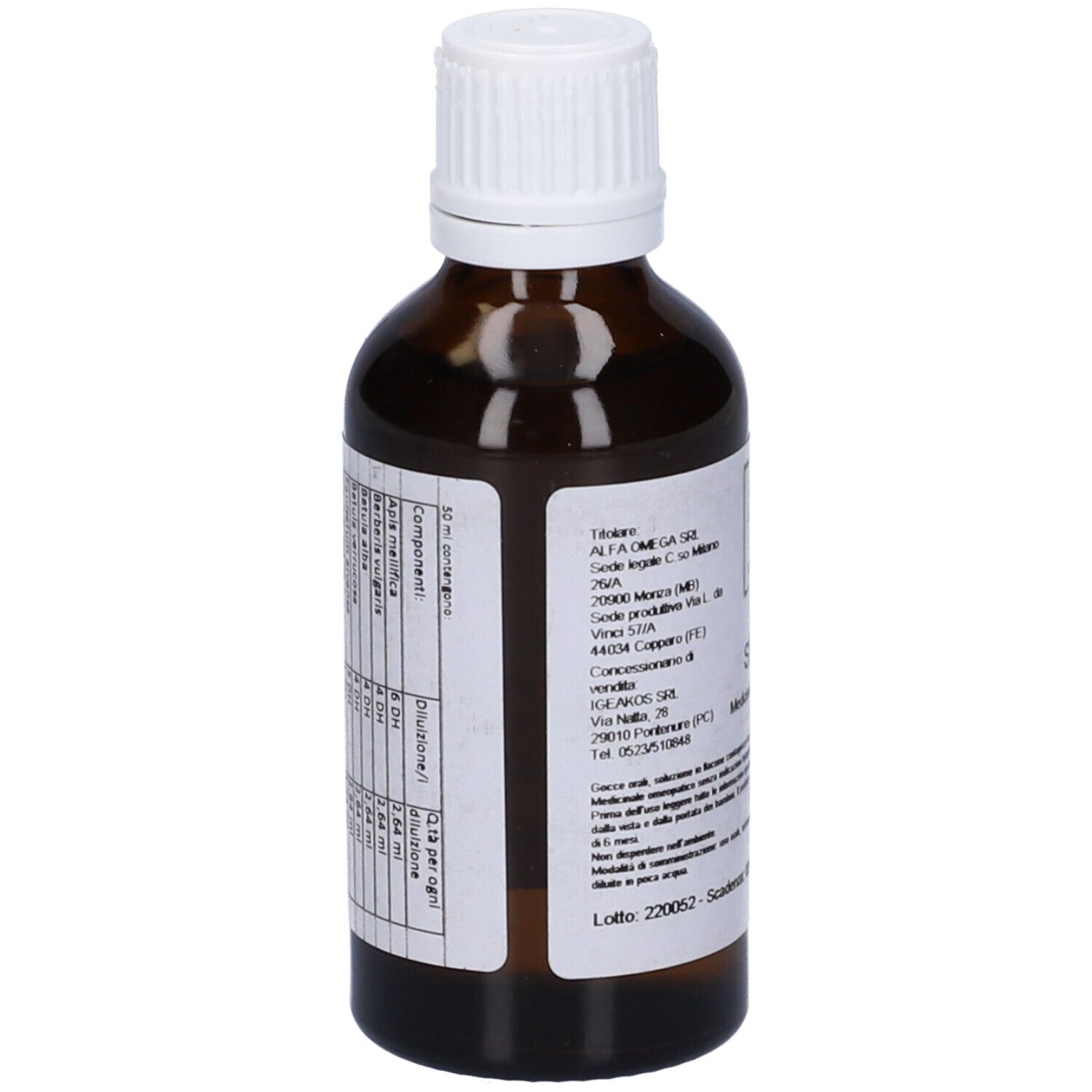 Flacone di vetro marrone con tappo bianco. Etichetta con testo. Informazioni produttore e ingredienti.