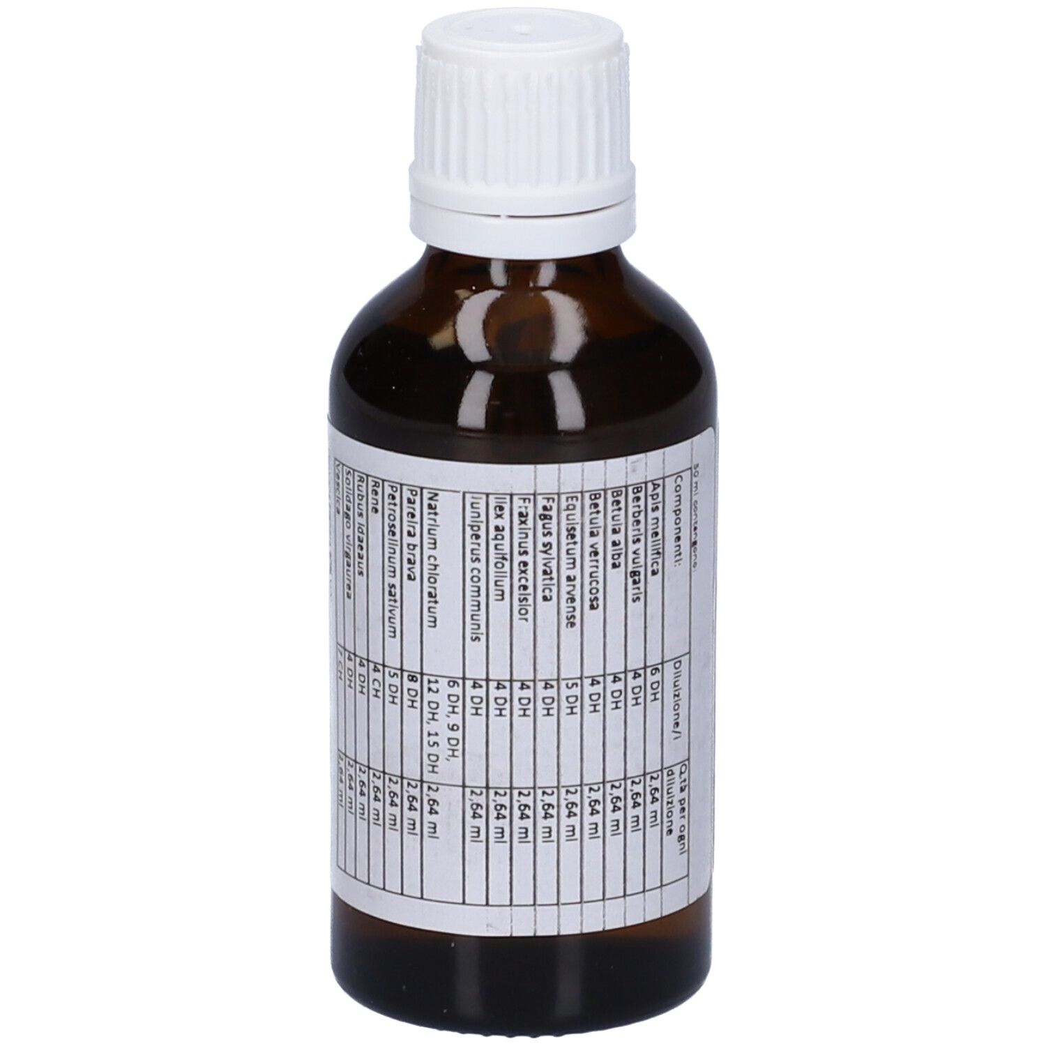 Flacone di vetro marrone con tappo bianco. Etichetta con ingredienti. Elenco ingredienti e dosaggi.