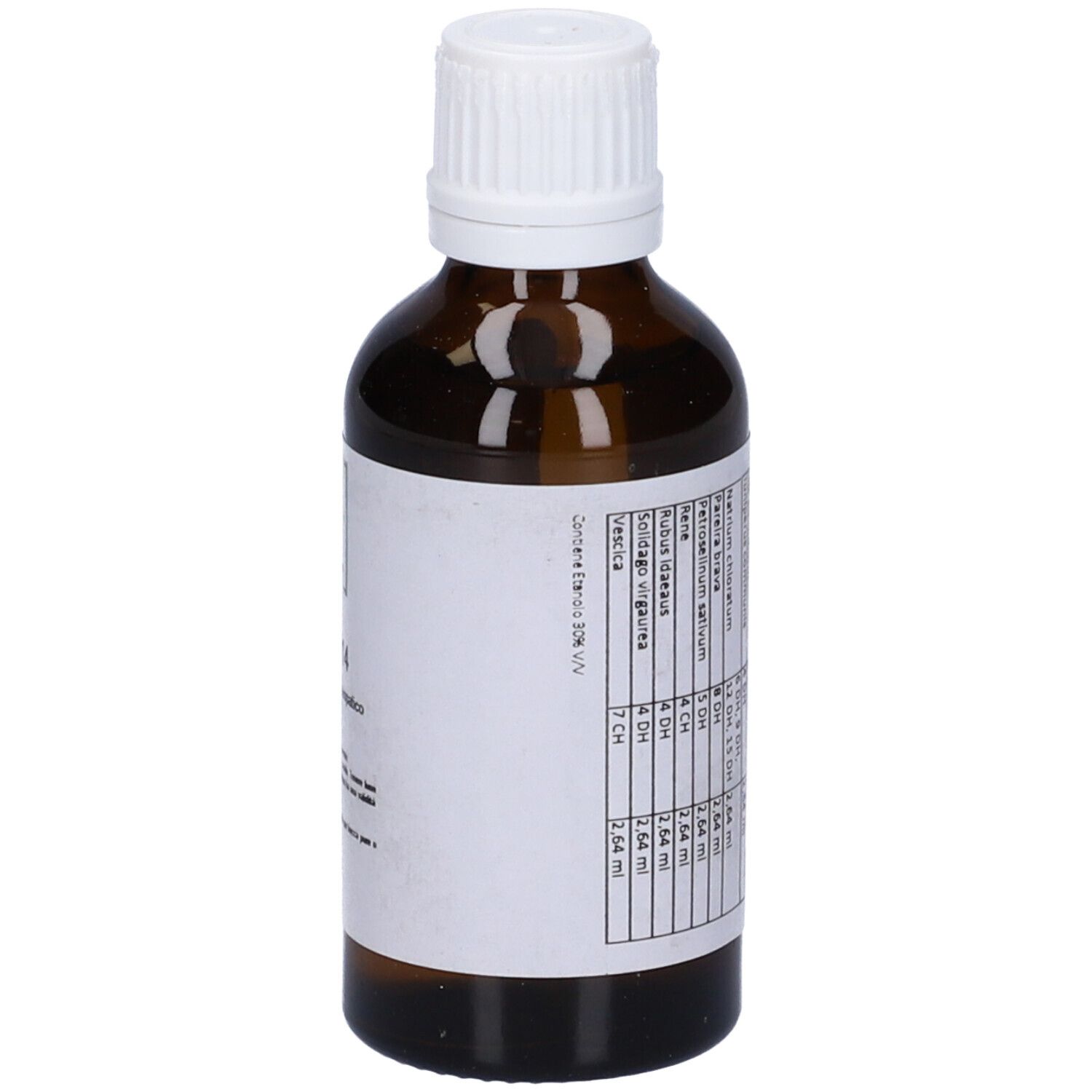 Flacone di vetro marrone con tappo bianco. Etichetta con ingredienti. Elenco ingredienti e dosaggi.