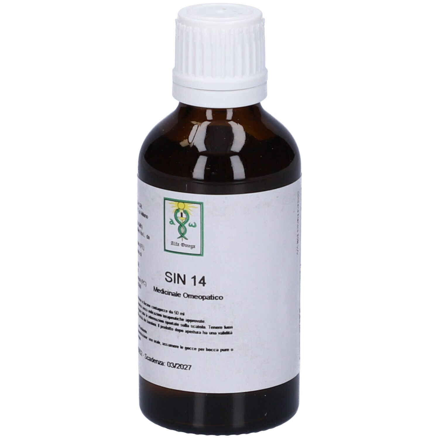Flacone di vetro marrone con tappo bianco. Etichetta con testo. SIN 14, Medicinale, 50 ml.