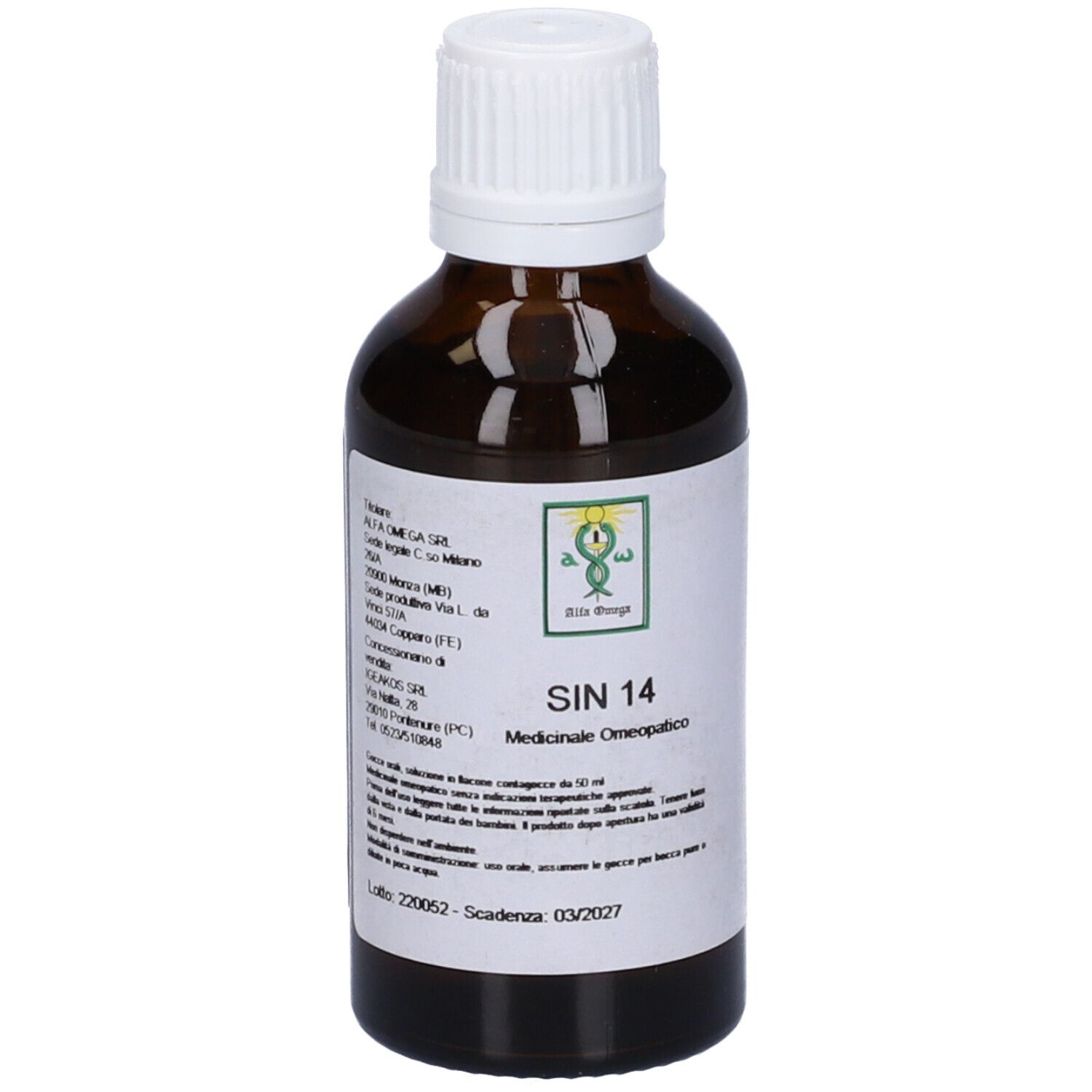 Flacone di vetro marrone con tappo bianco. Etichetta con testo. SIN 14, Medicinale, 50 ml.