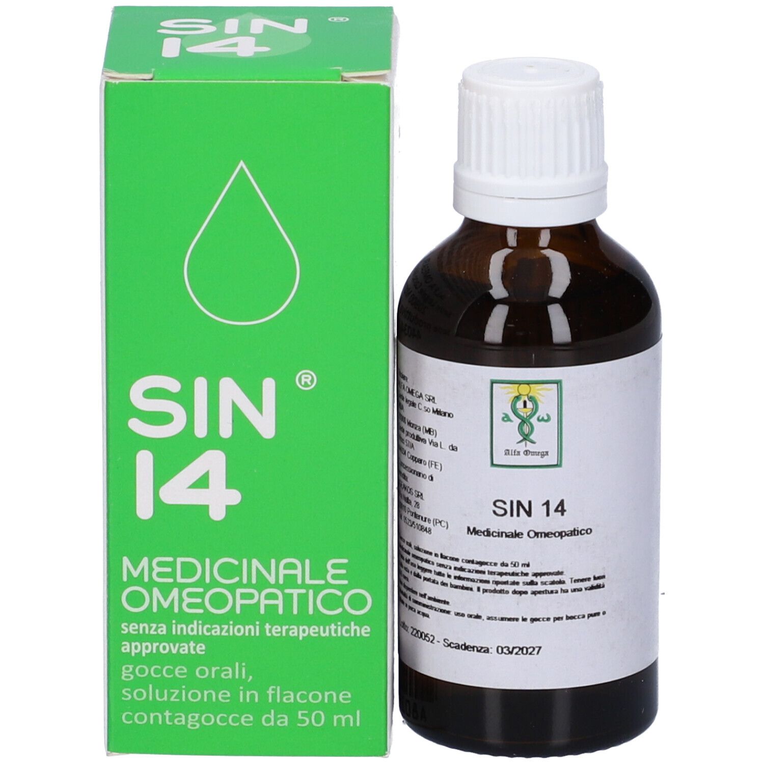 Scatola verde e flacone marrone. SIN 14, Medicinale, 50 ml. Flacone contagocce. Tappo bianco.