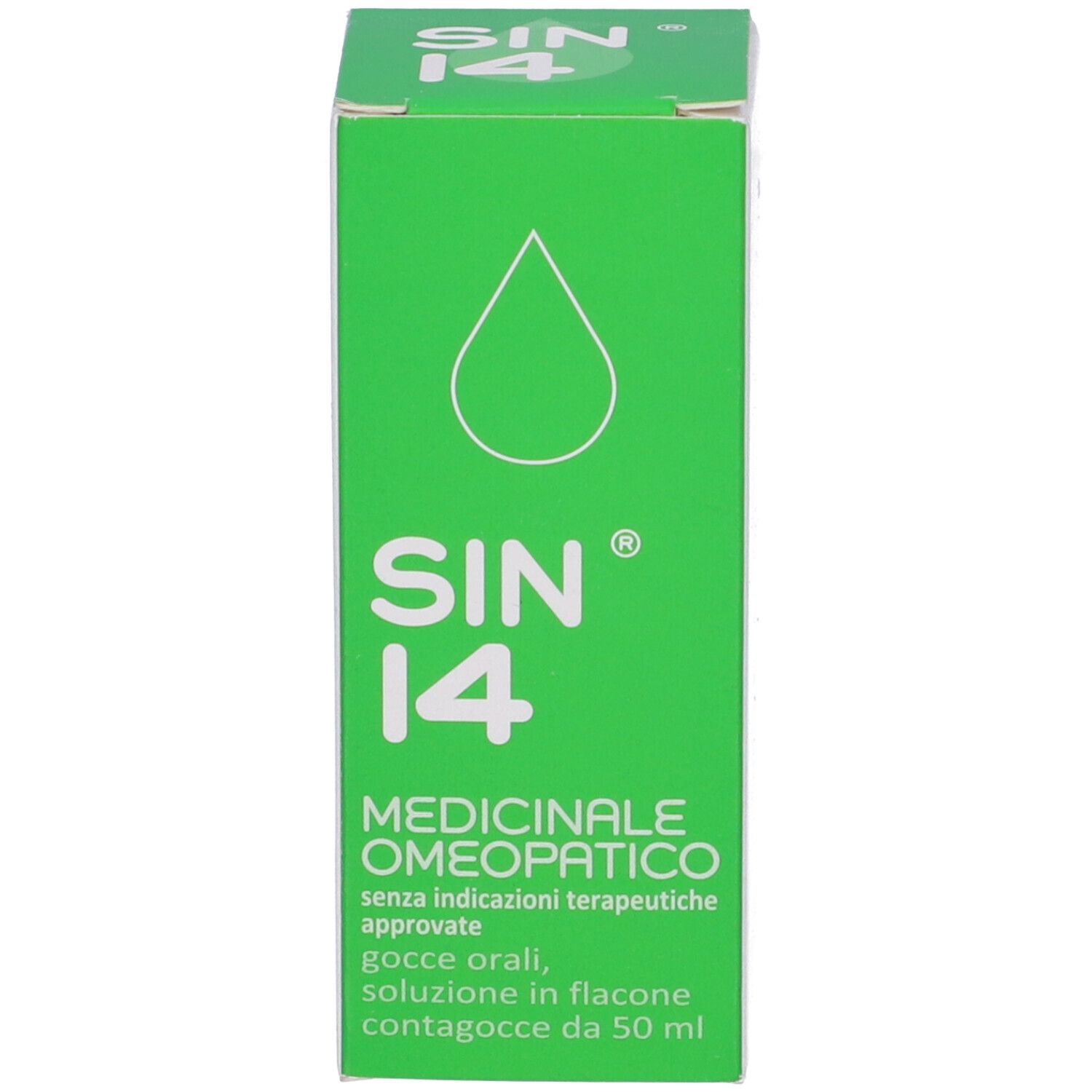 Scatola verde con testo. SIN 14, Medicinale, gocce, 50 ml. Flacone contagocce.