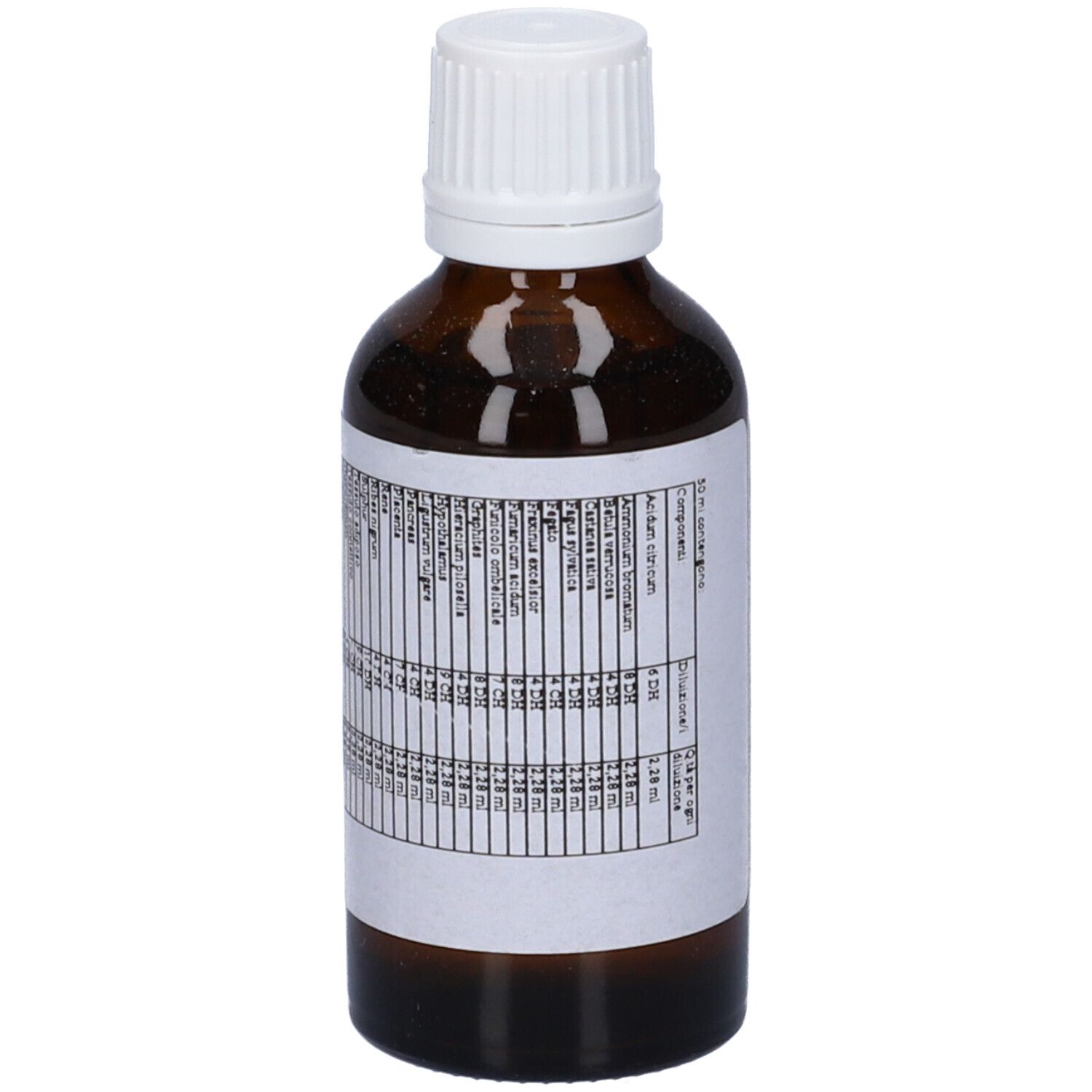 Flacone di vetro marrone con tappo bianco. Etichetta con elenco ingredienti e altre informazioni.