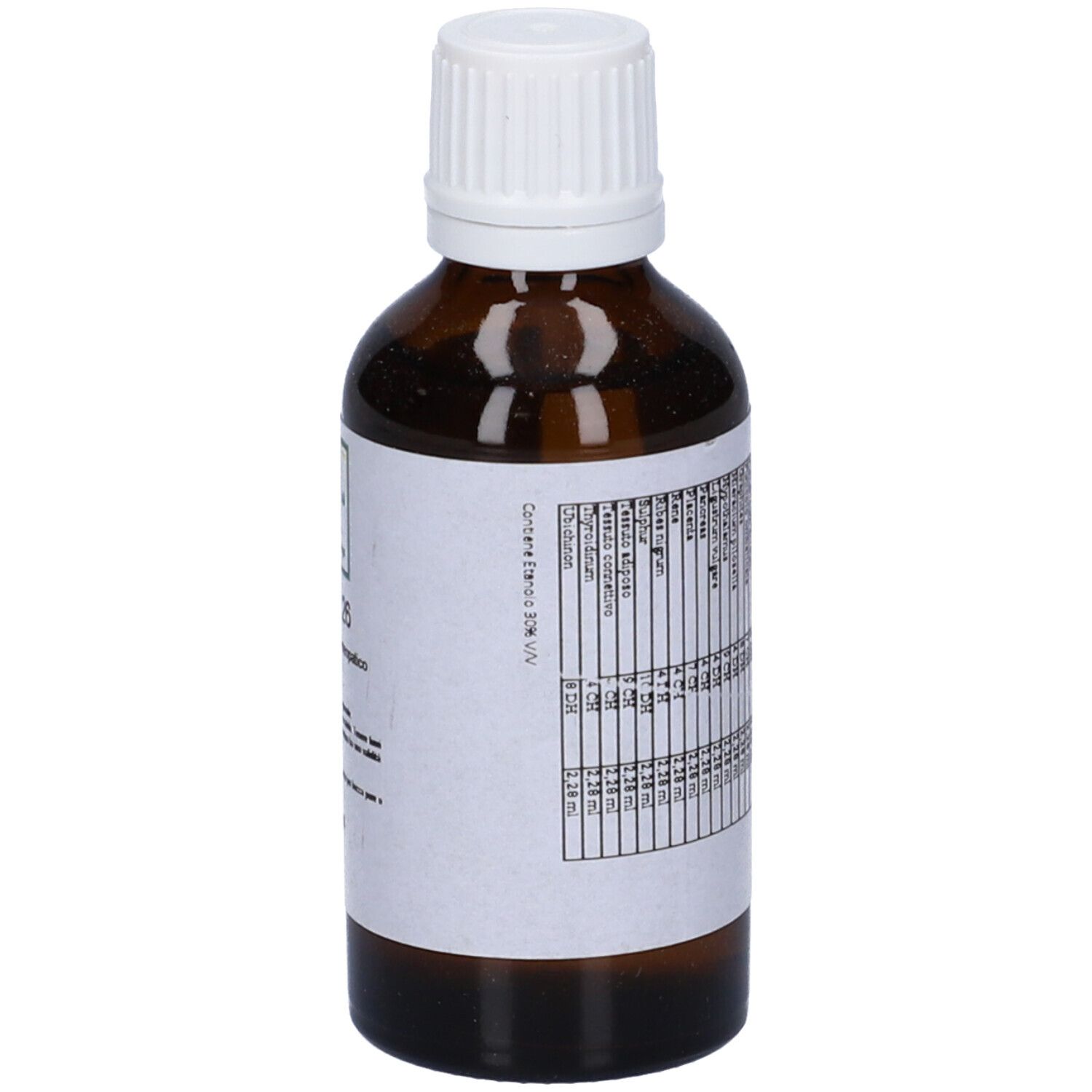 Flacone di vetro marrone con tappo bianco. Etichetta con elenco ingredienti e altre informazioni.