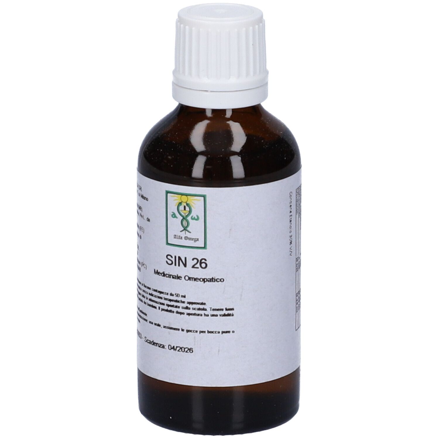 Flacone di vetro marrone con tappo bianco. L'etichetta riporta SIN 26 e altre informazioni.